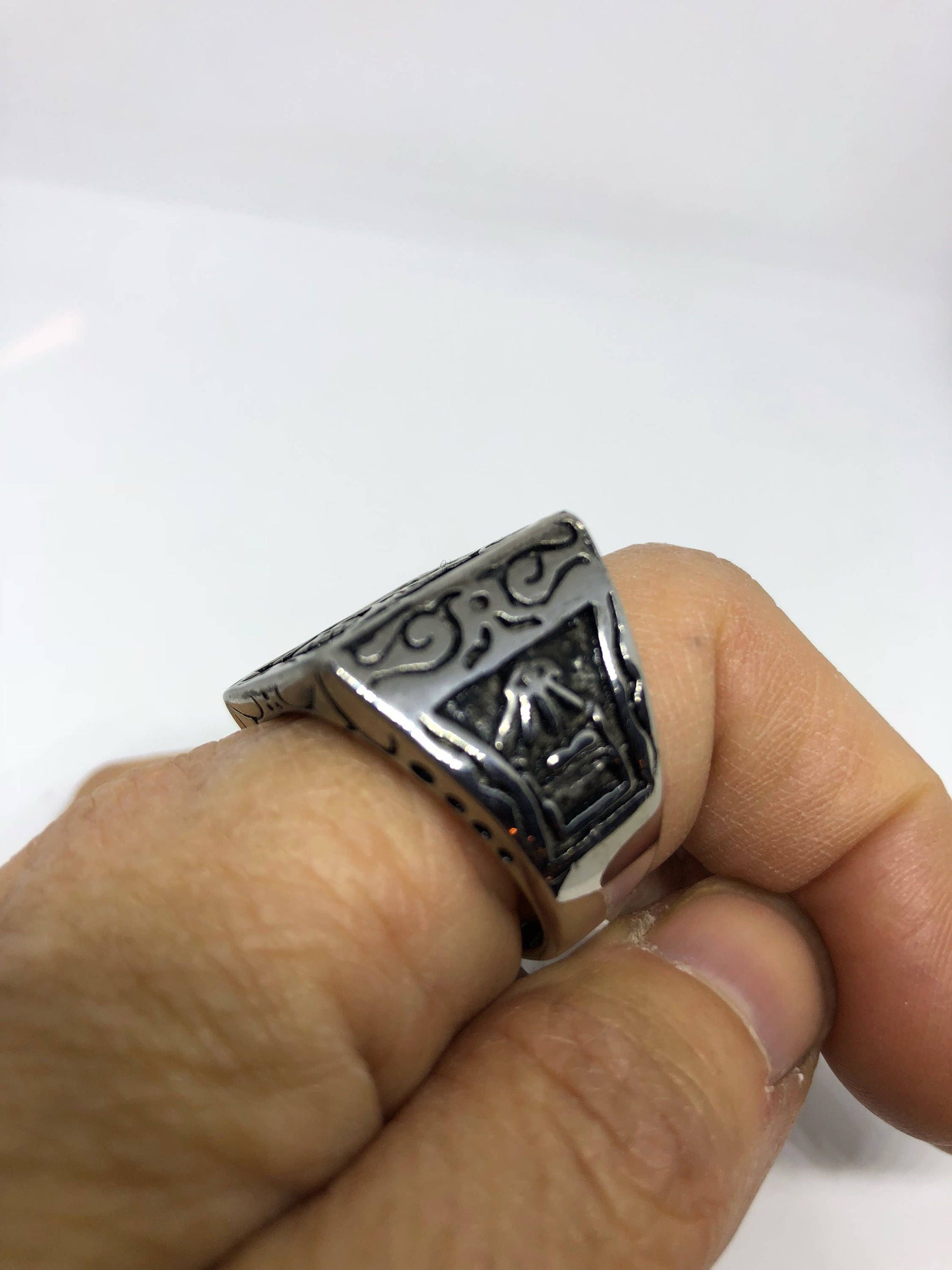 Vintage Gothic Silver Stainless Steel Free Mason G Mens Ring