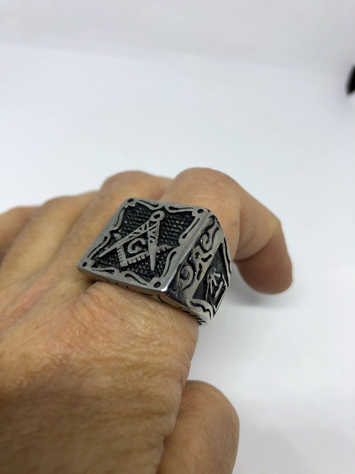 Vintage Gothic Silver Stainless Steel Free Mason G Mens Ring