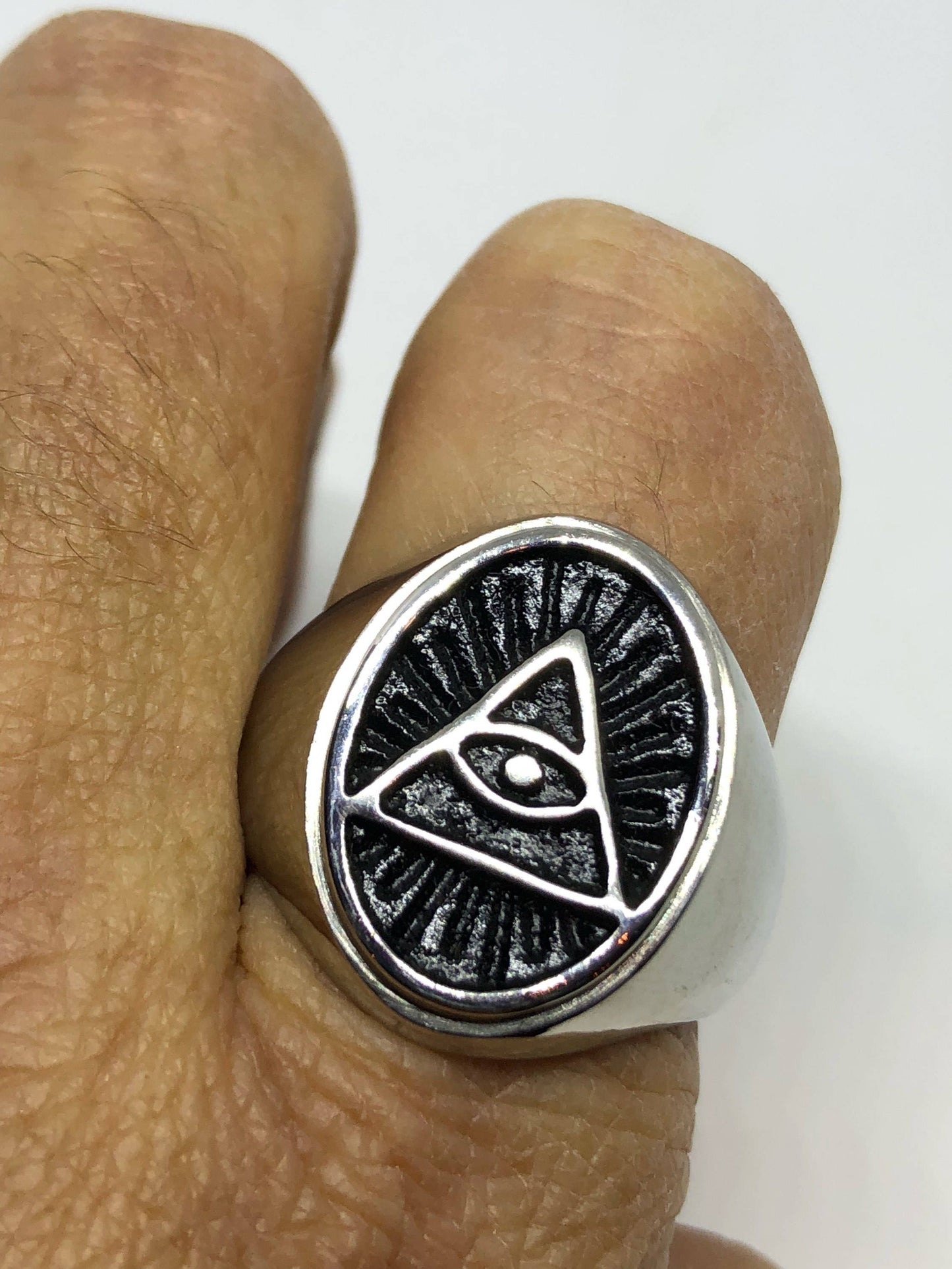 Vintage Gothic Silver Stainless Steel Illuminati Eye Pyramid Mens Ring