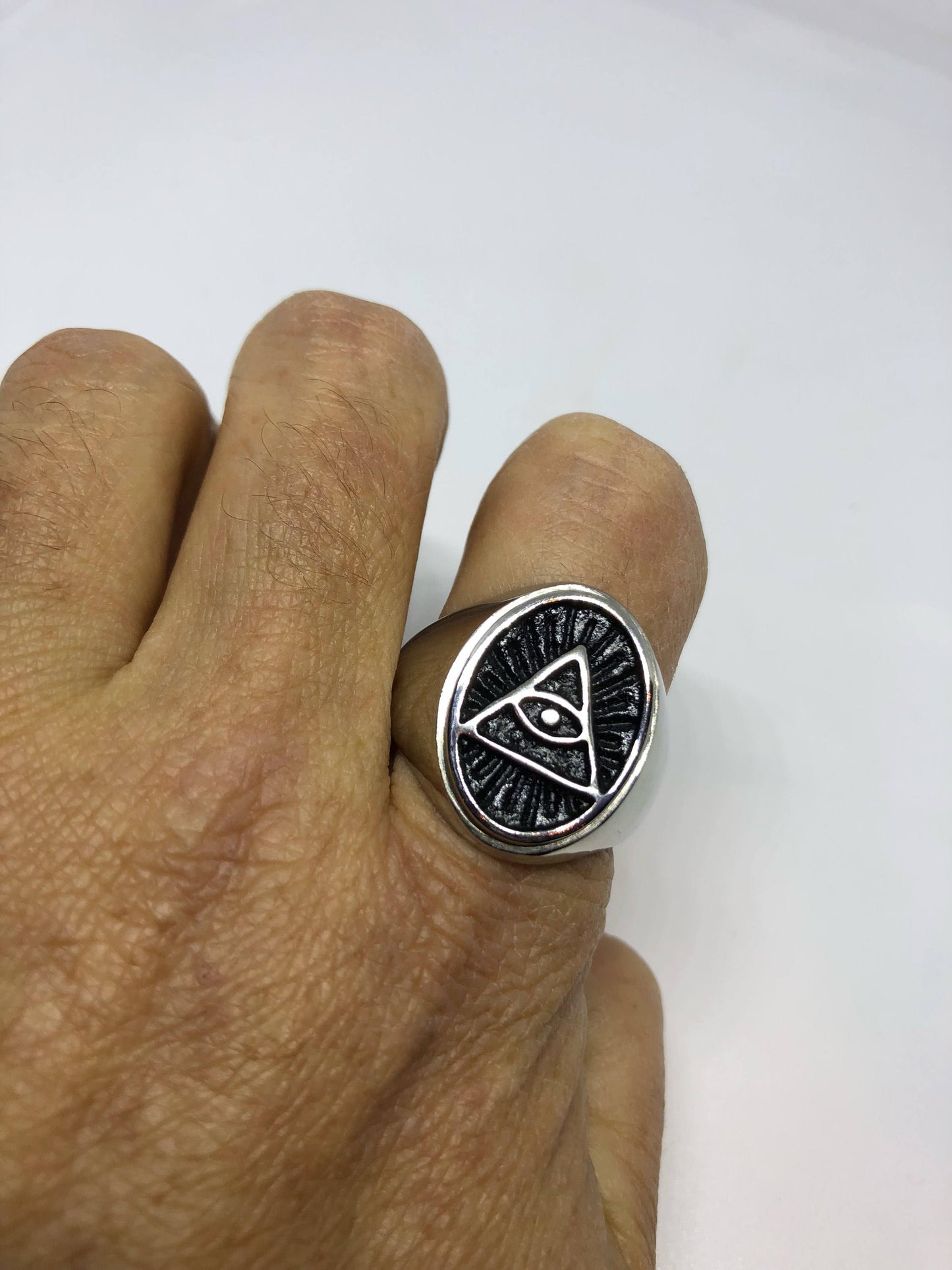 Vintage Gothic Silver Stainless Steel Illuminati Eye Pyramid Mens Ring