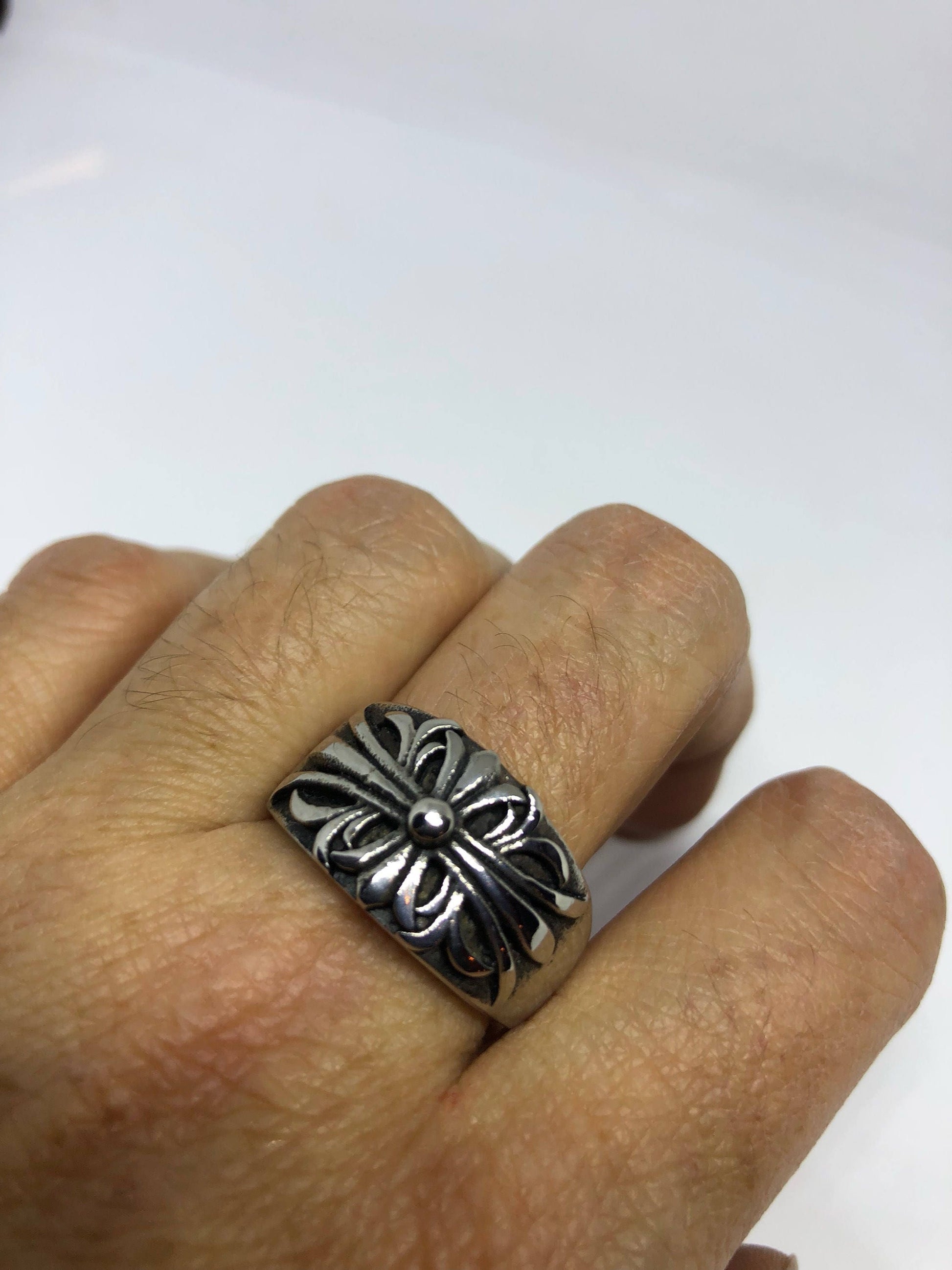 Vintage Silver Stainless Steel Gothic Cross Mens Ring