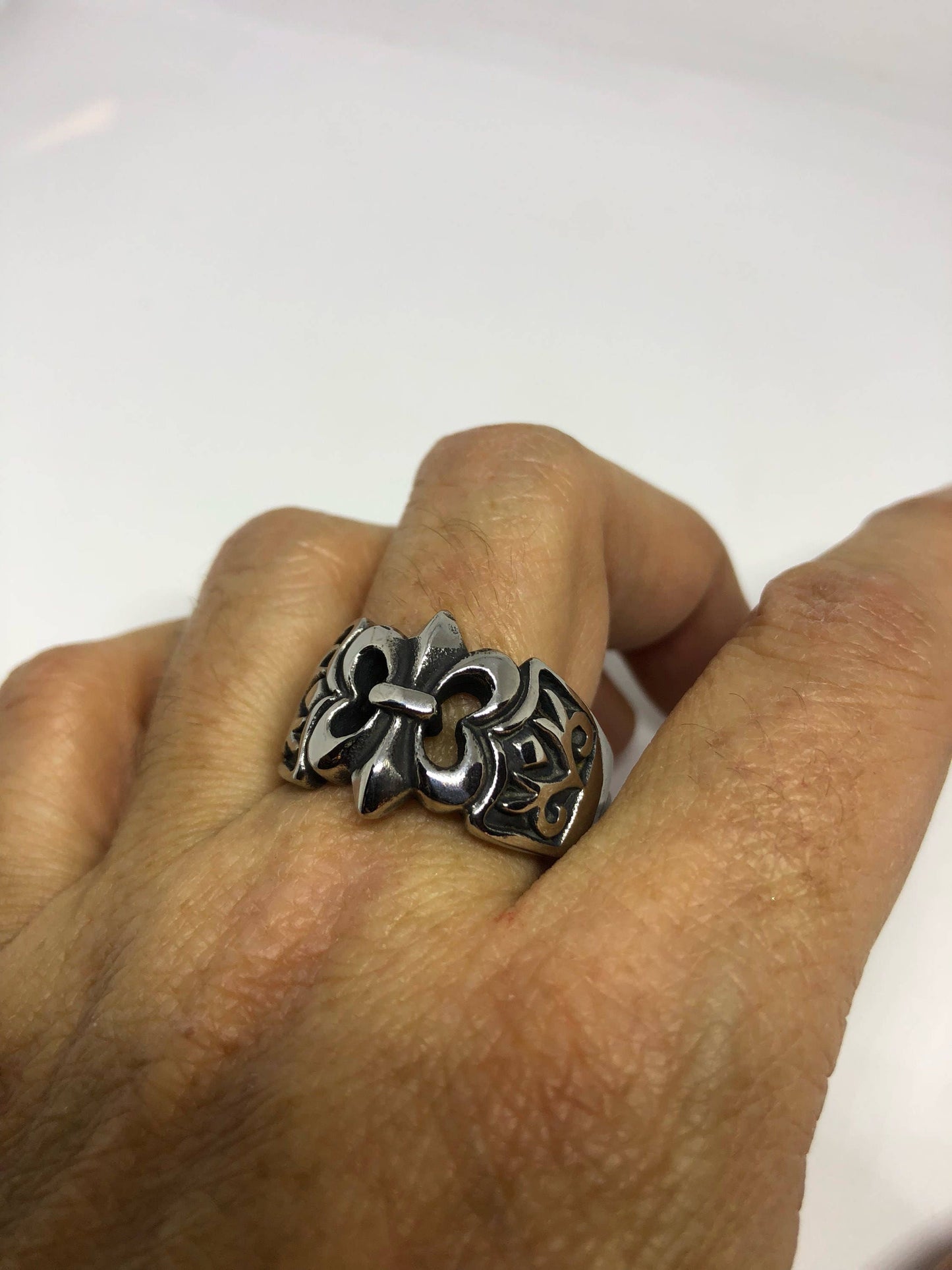 Vintage Gothic Silver Stainless Steel Fleur De Lis Mens Ring