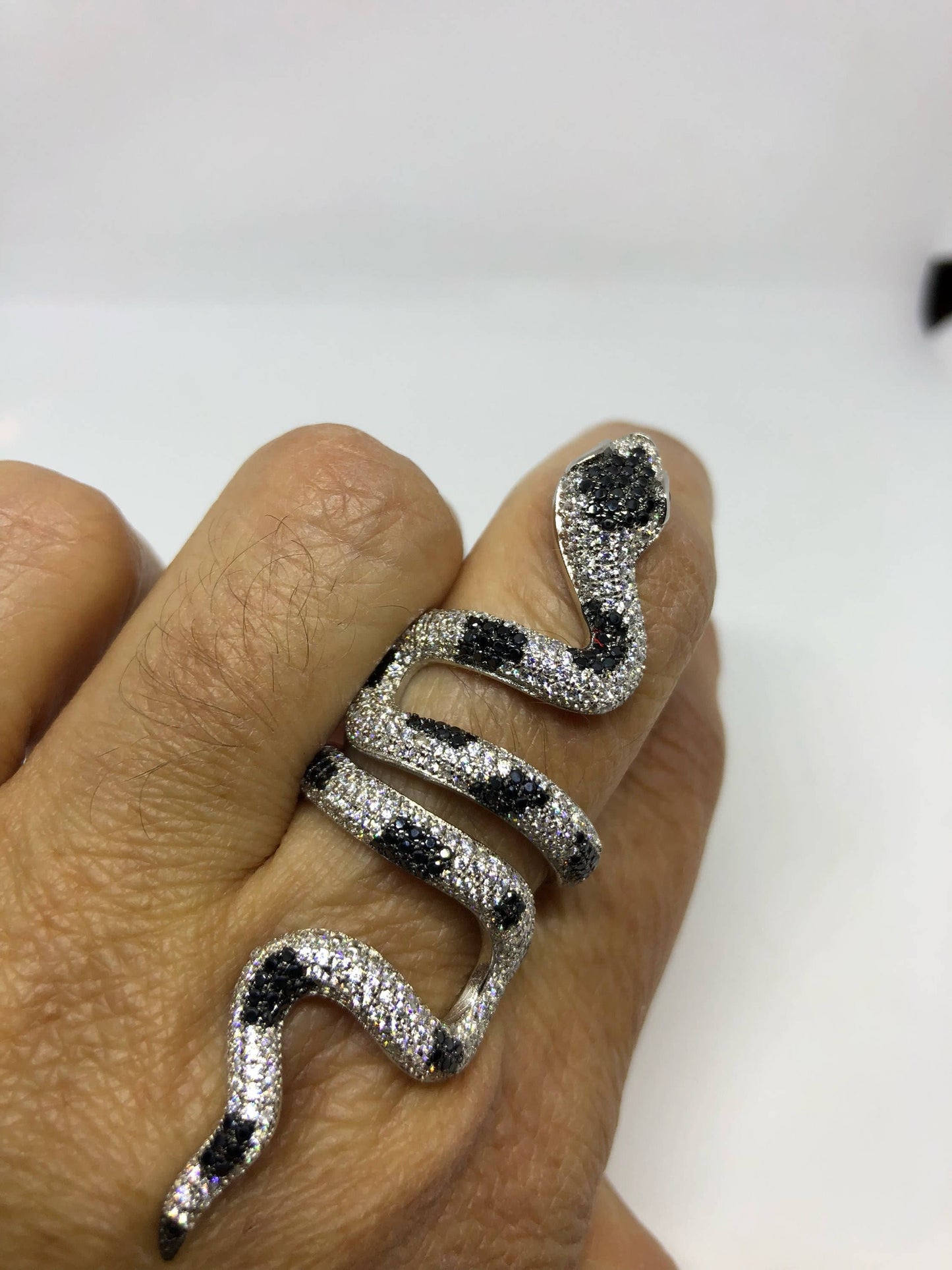 Vintage Sterling Silver Adjustable Crystal Snake Ring