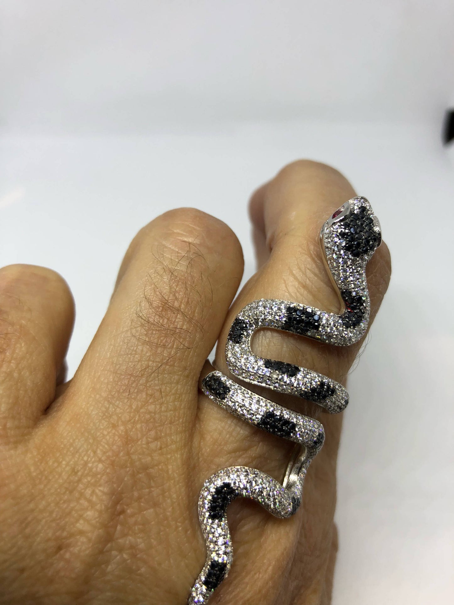 Vintage Sterling Silver Adjustable Crystal Snake Ring