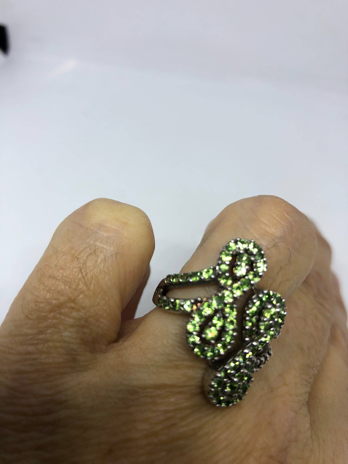 Vintage Handmade Genuine Green Peridot Filigree Setting 925 Sterling Silver Gothic Ring
