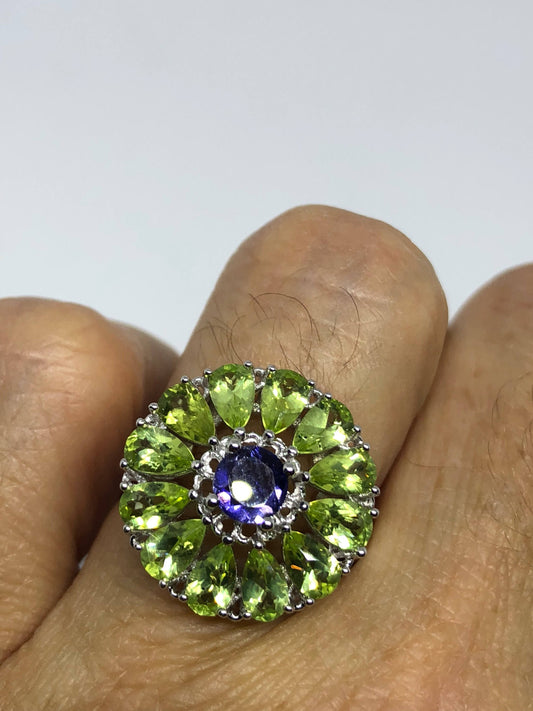 Vintage Handmade Genuine Green Peridot and Blue Iolite 925 Sterling Silver Gothic Flower Ring