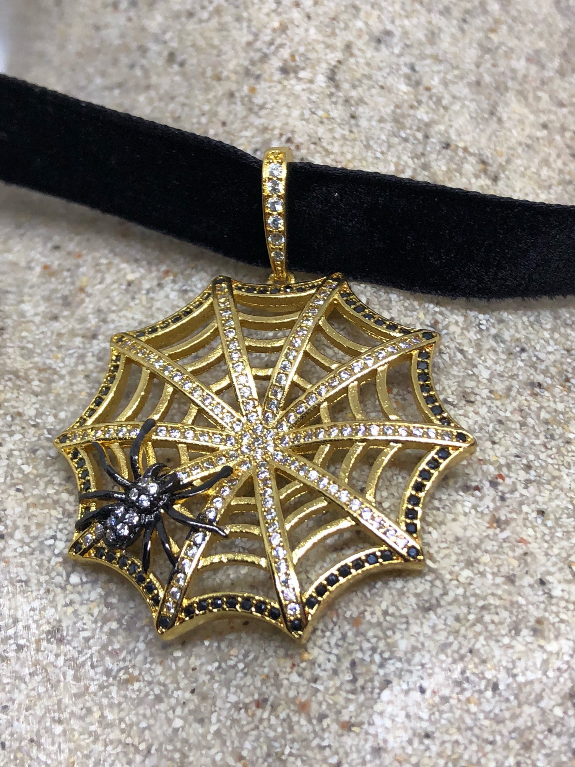 Vintage Handmade Spider web Amulet Gold White Bronze Pendant