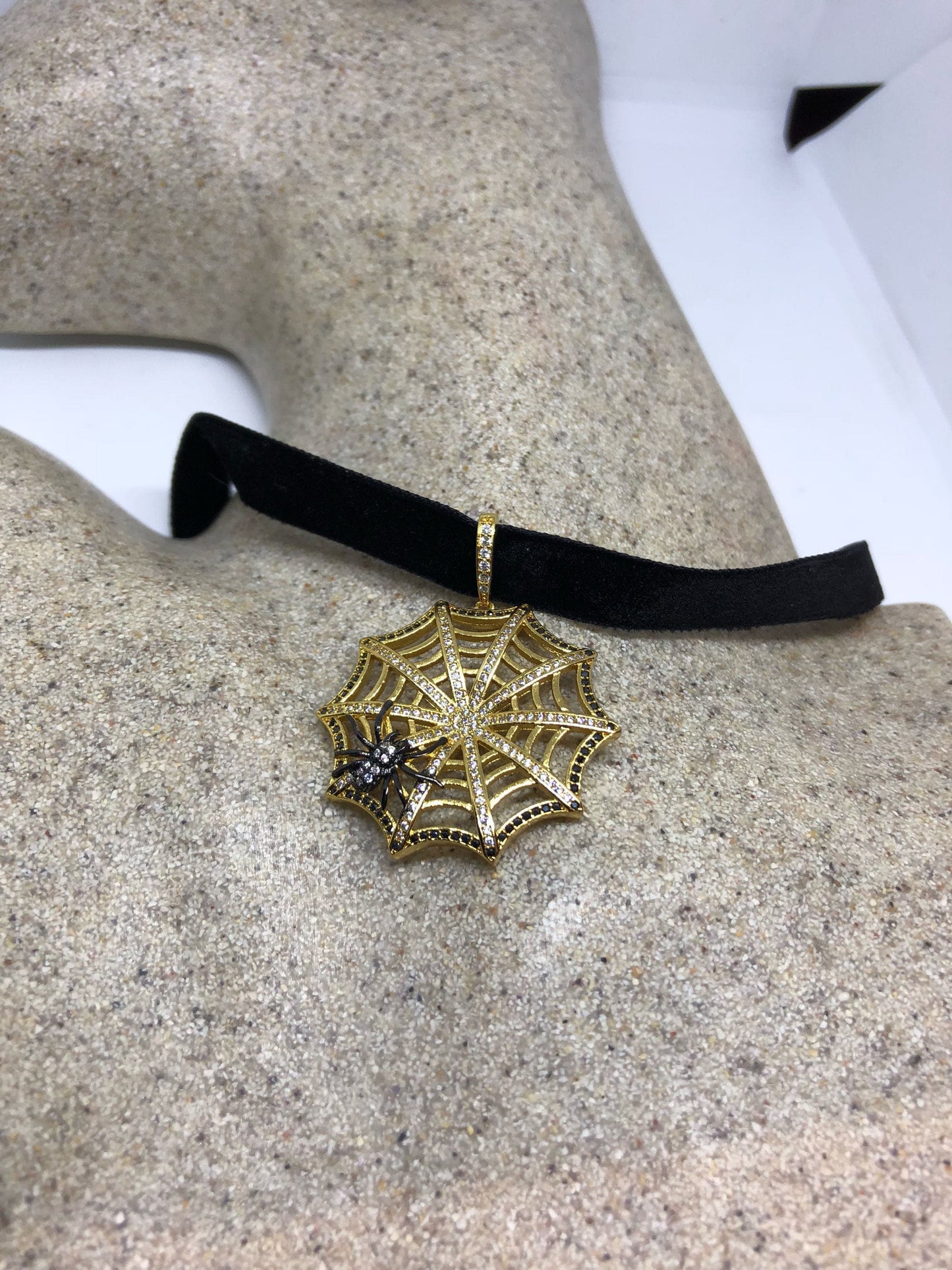 Vintage Handmade Spider web Amulet Gold White Bronze Pendant