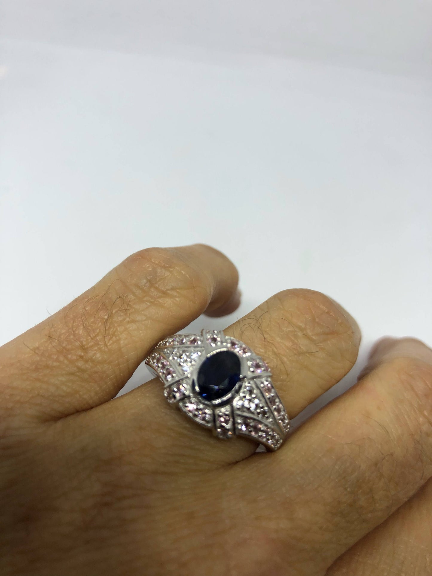 Vintage Handmade Deep Blue Sapphire and White 925 Sterling Silver Gothic Ring