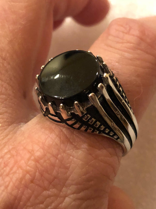 Vintage Onyx Mens Ring 925 Sterling Silver Gothic Genuine Black Onyx