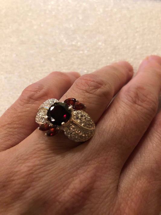 Vintage Red Bohemian Garnet Ring White Sapphire 925 Sterling Silver Cocktail Statement