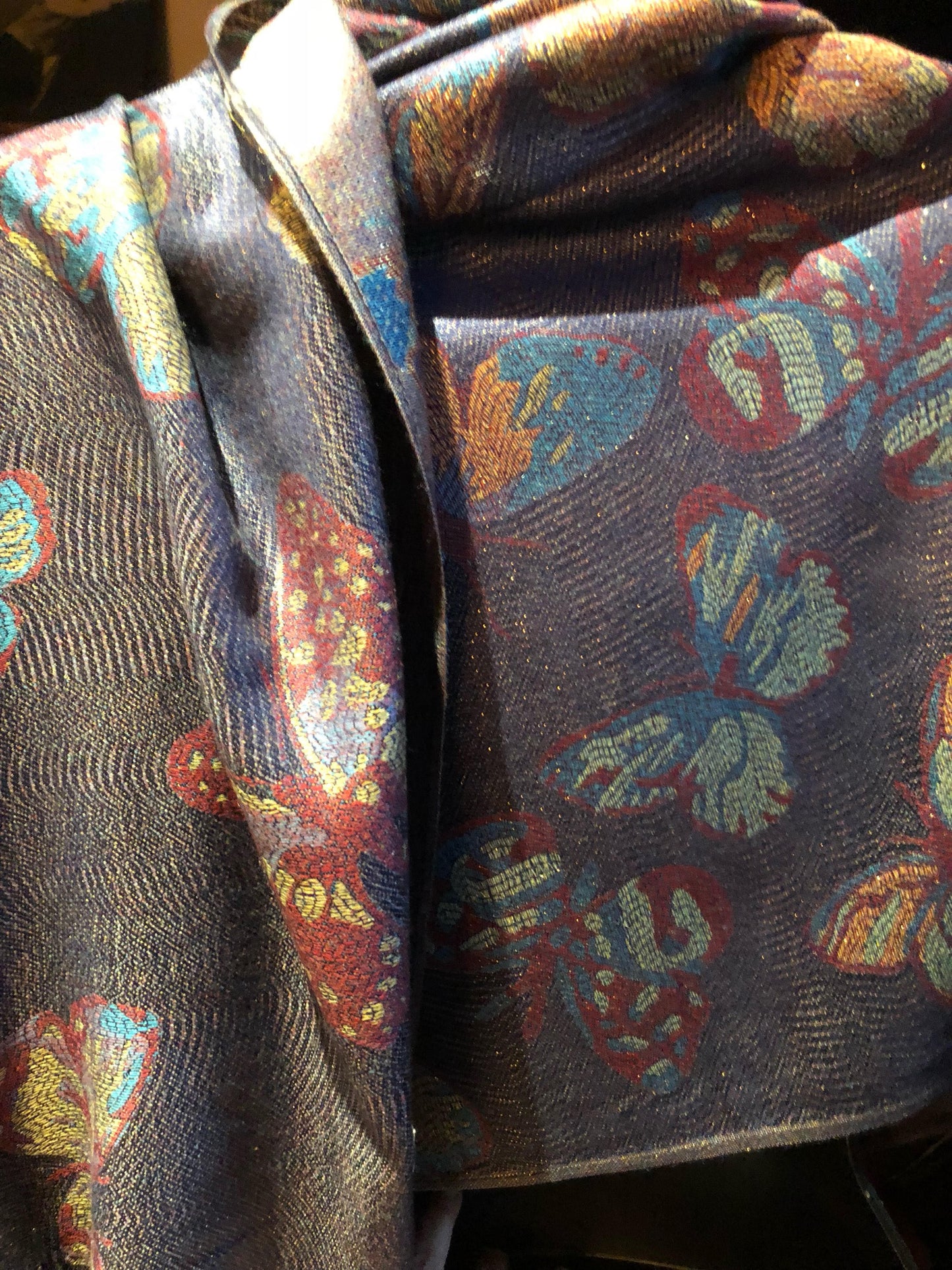 Nemesis Vintage Navy Blue Gold Butterfly Brocade Pashmina Scarf Wrap