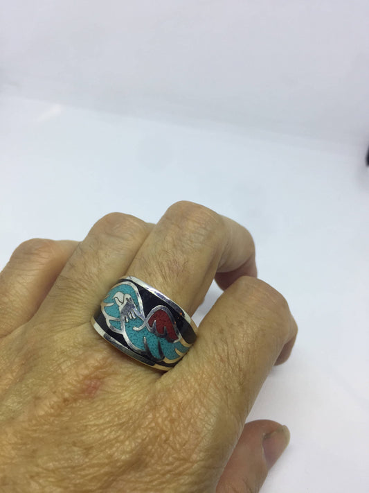 Vintage Native American Style Southwestern Turquoise Stone Inlay Mens Hawk Ring