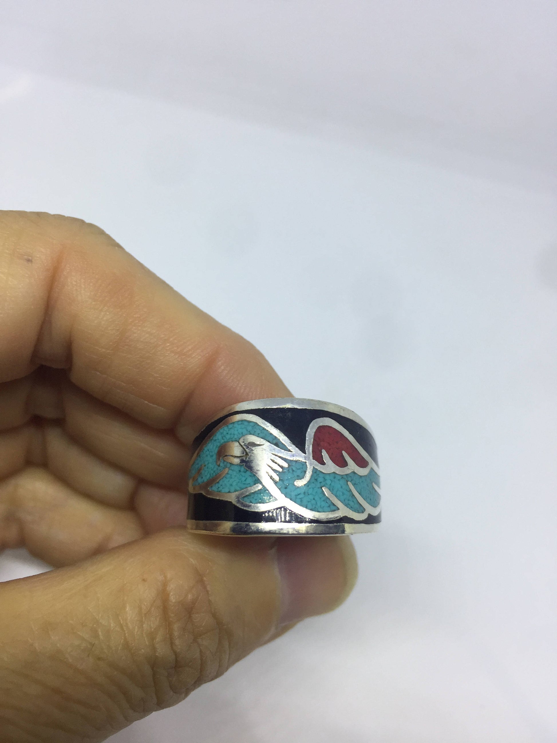Vintage Native American Style Southwestern Turquoise Stone Inlay Mens Hawk Ring