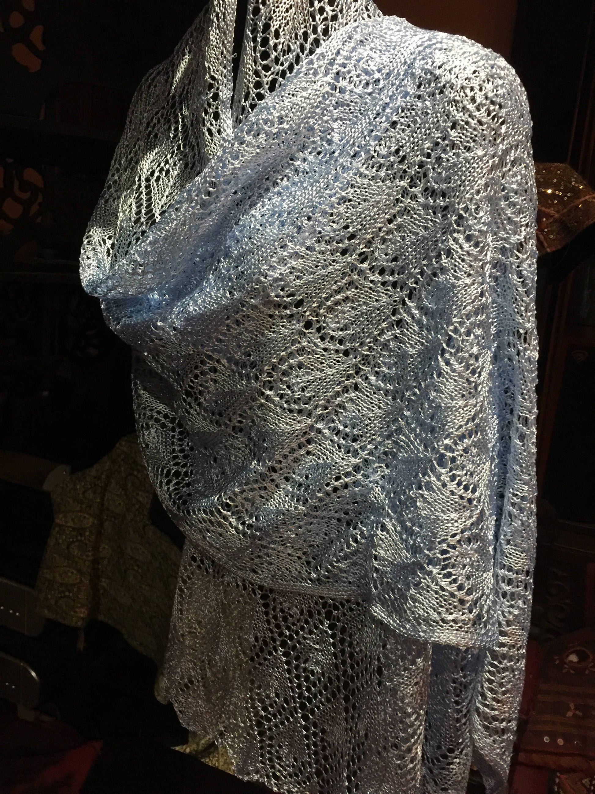 Vintage Pale Blue Lace crochet Shawl Wrap