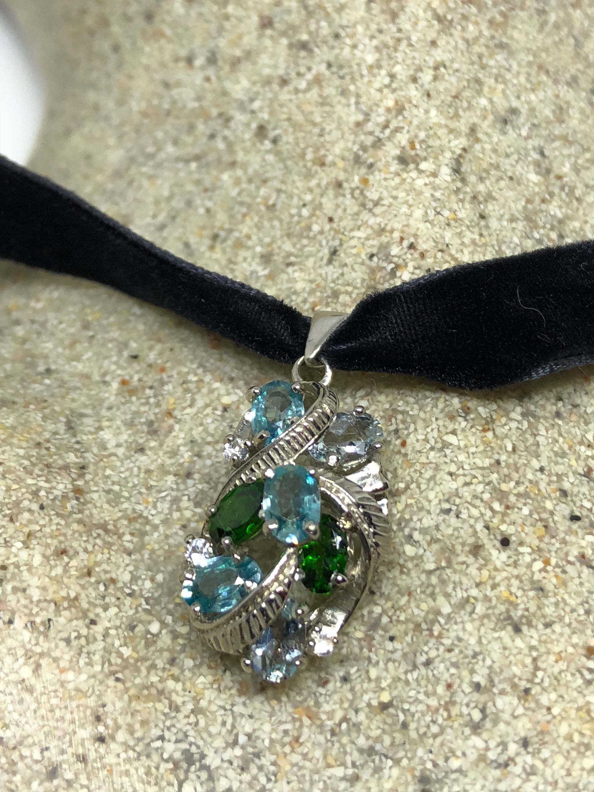 Vintage Genuine Deep Blue Topaz and Chrome Diopside 925 Sterling Silver Necklace Pendant