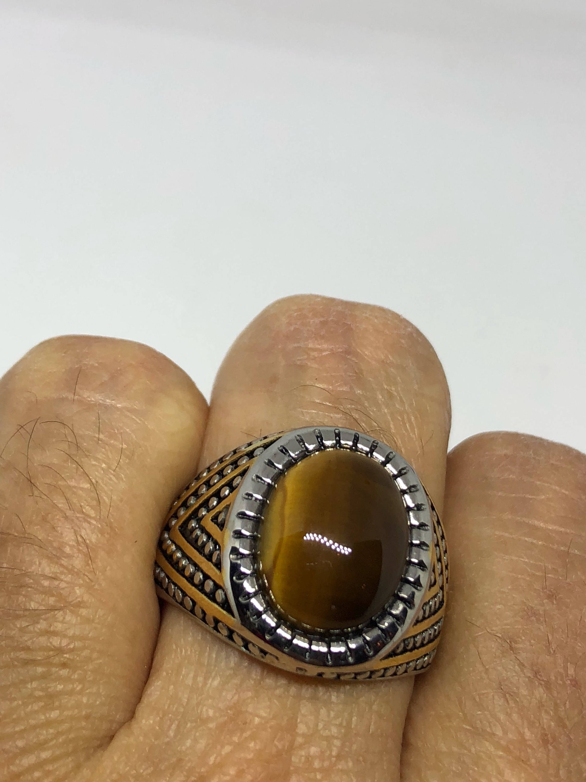 Vintage Gothic Stainless Steel Genuine Tigers Eye Ring