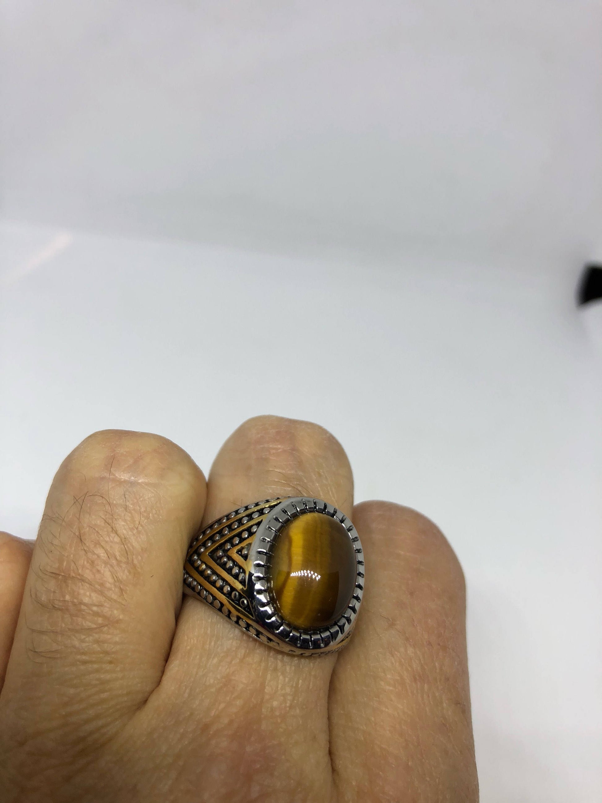 Vintage Gothic Stainless Steel Genuine Tigers Eye Ring