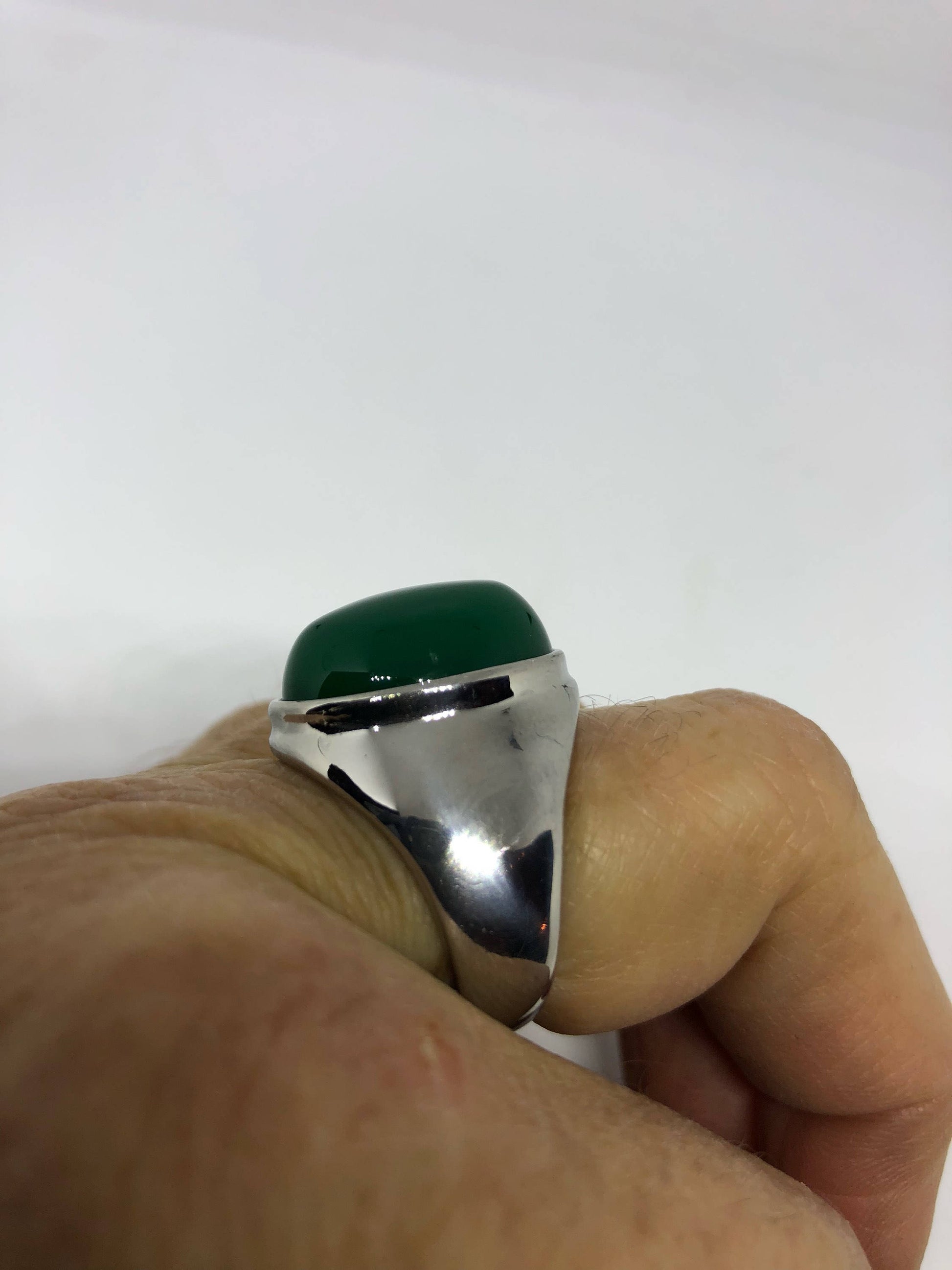 Vintage Silver Stainless Steel Genuine Green Onyx Mens Ring