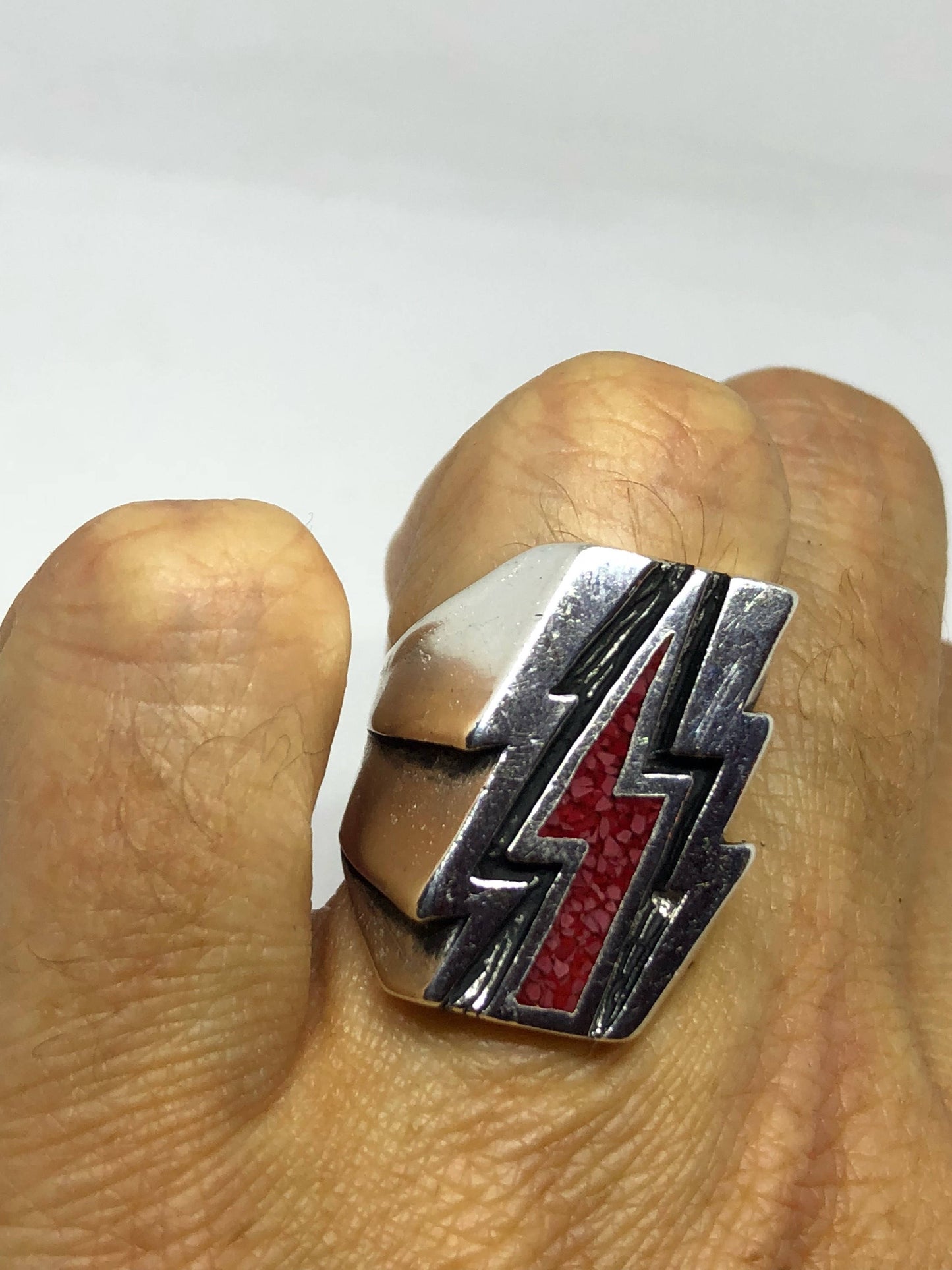 Vintage Southwestern Red Inlay Lighting Bolt Men's Biker Ring