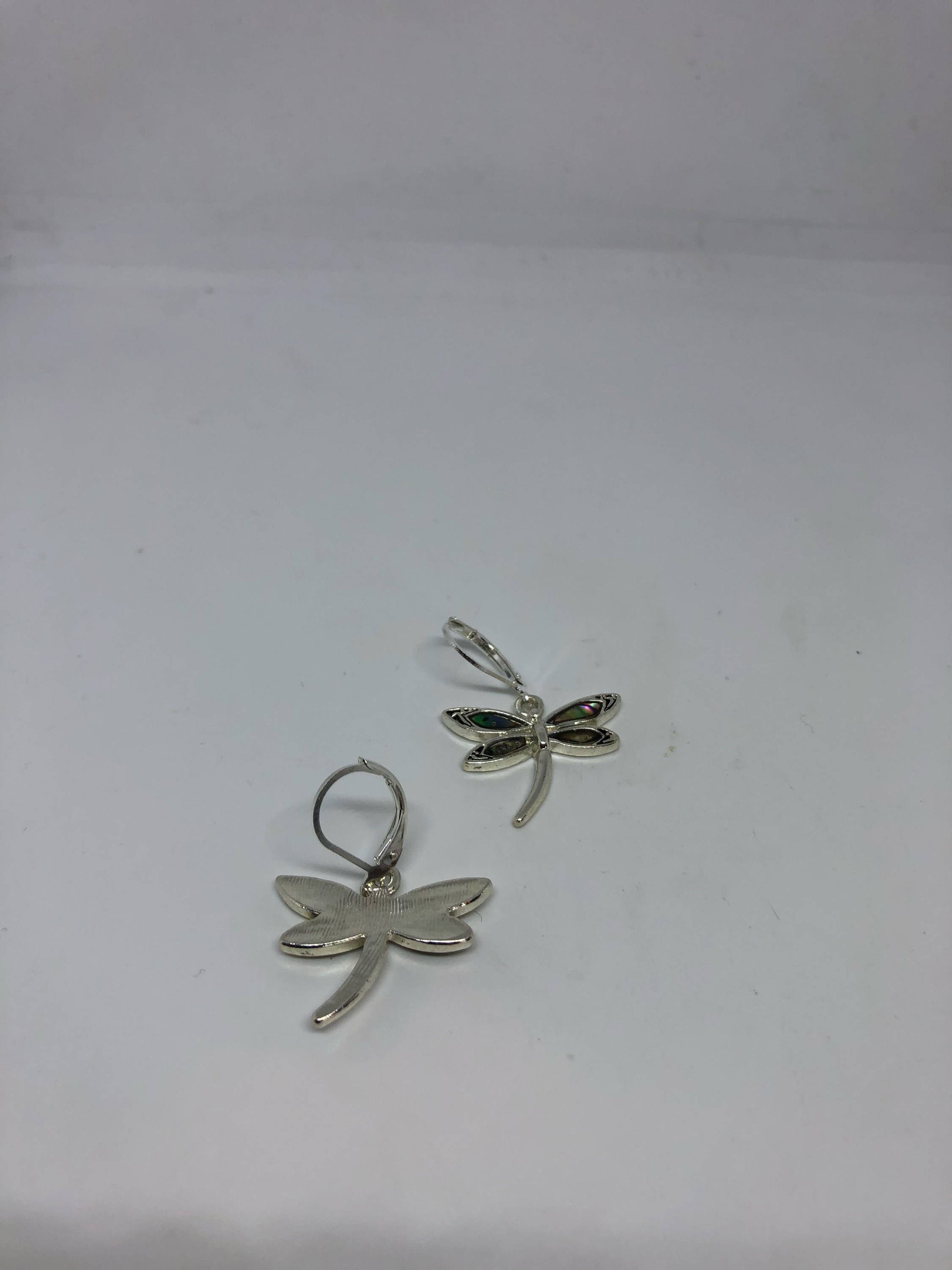 Vintage Handmade Silver Dragonfly Rainbow Abalone Earrings