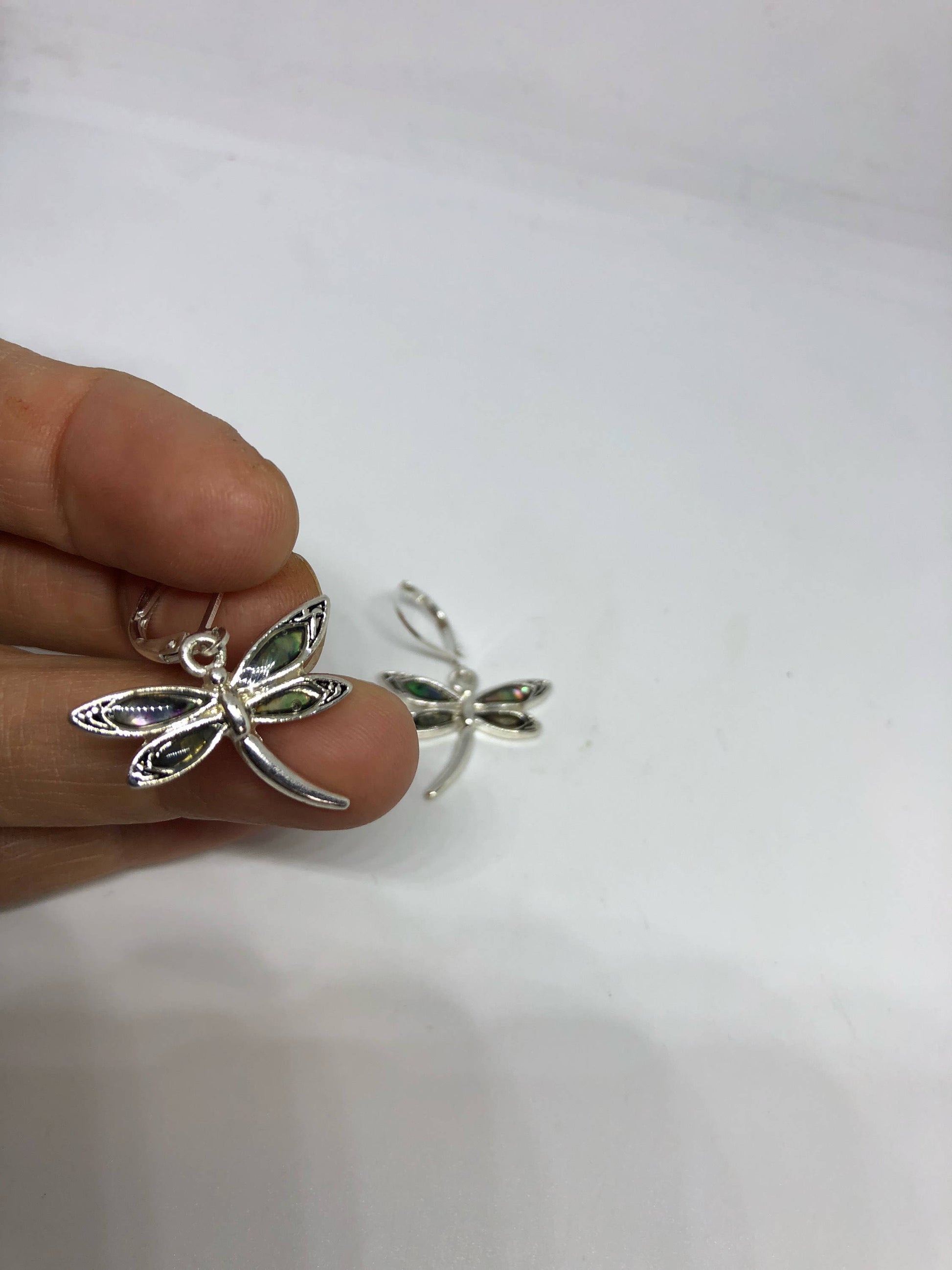 Vintage Handmade Silver Dragonfly Rainbow Abalone Earrings