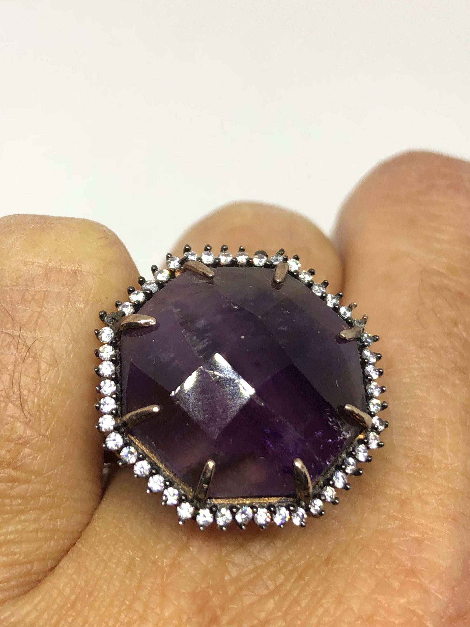 Vintage Handmade Deep Purple Genuine Amethyst Setting Rose Gold 925 Sterling Silver Gothic Ring