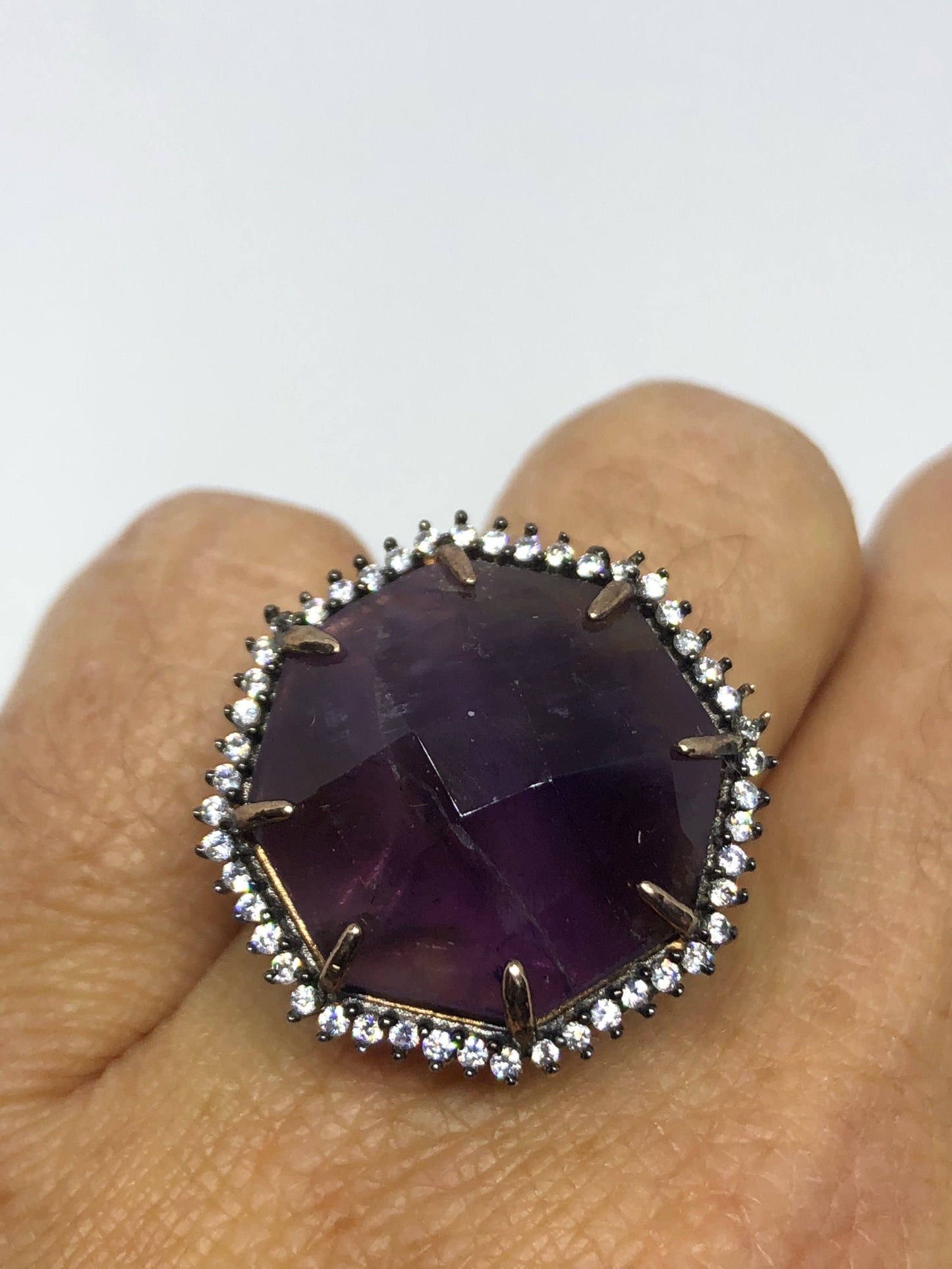 Vintage Handmade Deep Purple Genuine Amethyst Setting Rose Gold 925 Sterling Silver Gothic Ring