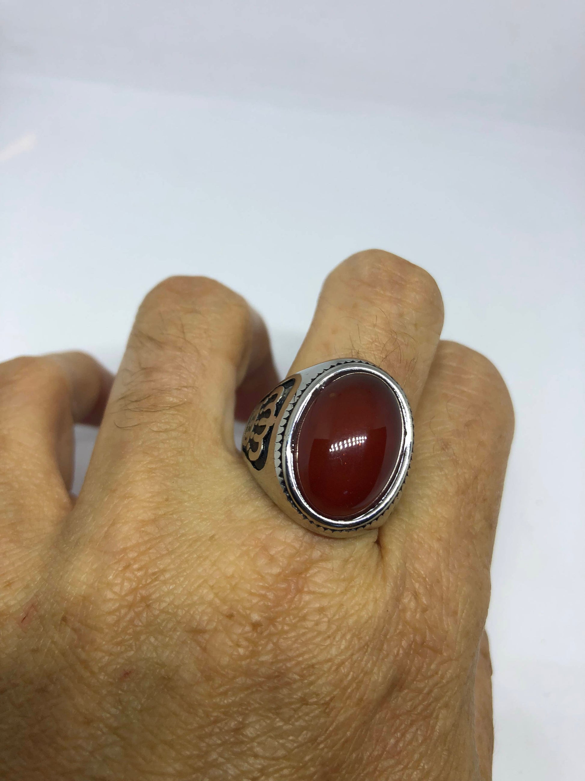 Vintage Gothic Silver Genuine Red Carnelian Crown Mens Ring