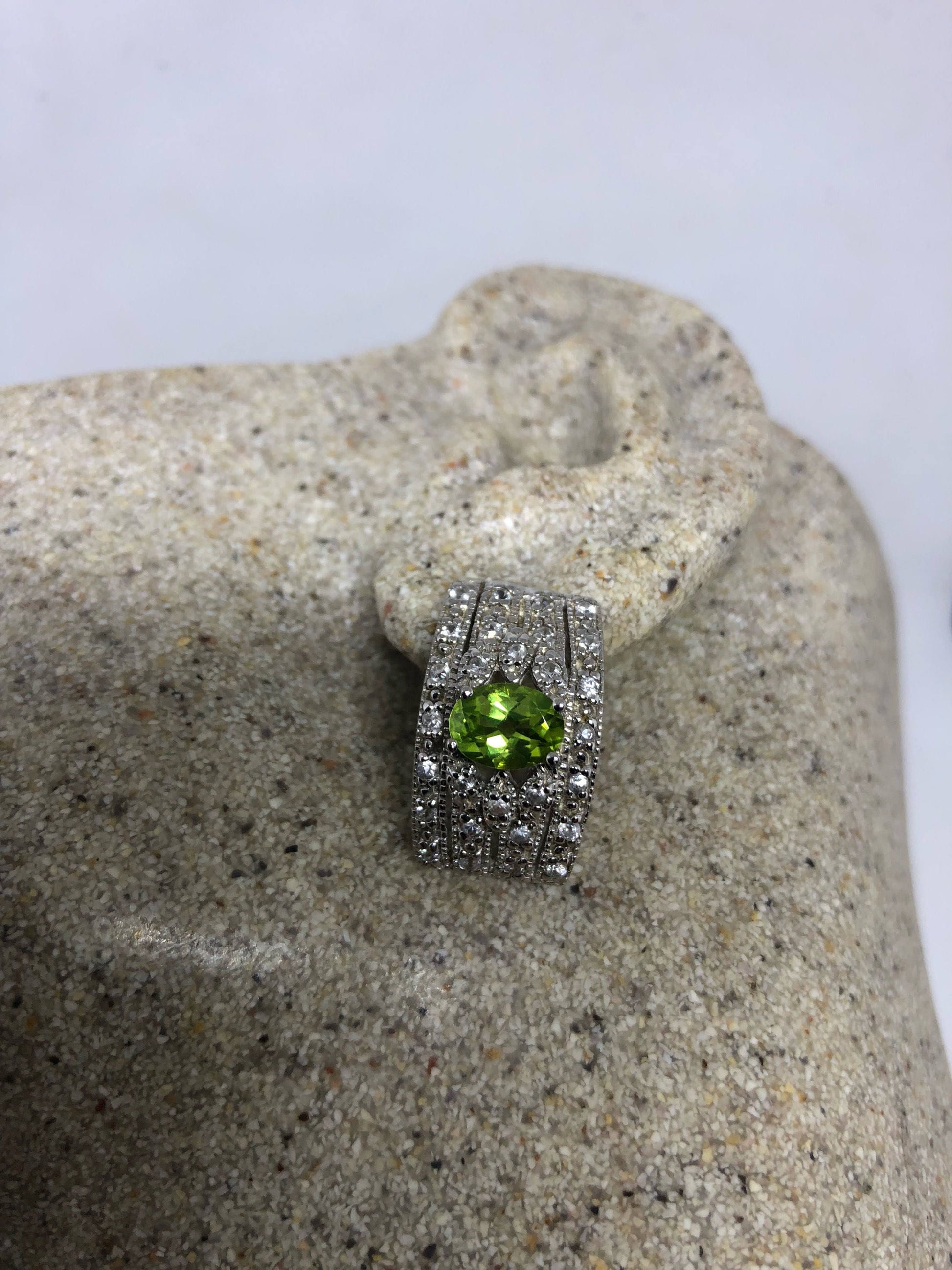 Vintage Handmade Sterling Silver Genuine Green Peridot and White Sapphire Earrings