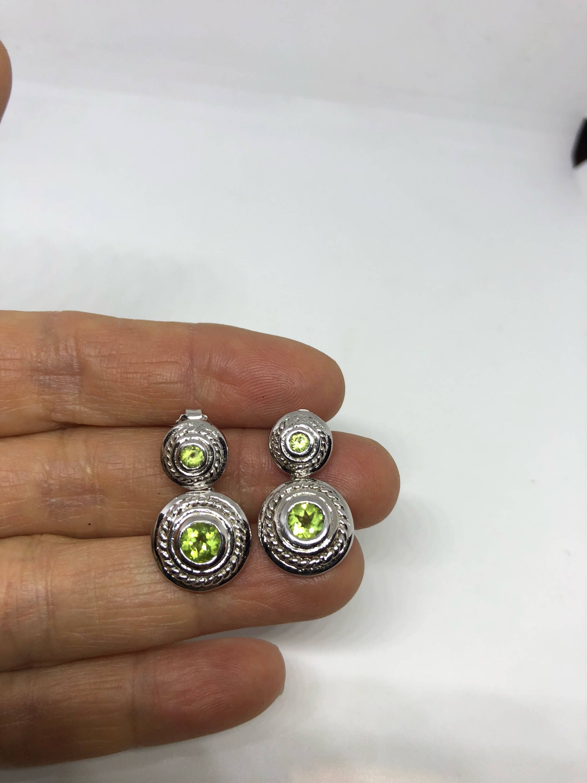 Vintage Handmade Sterling Silver Genuine Green Peridot Stud Earrings