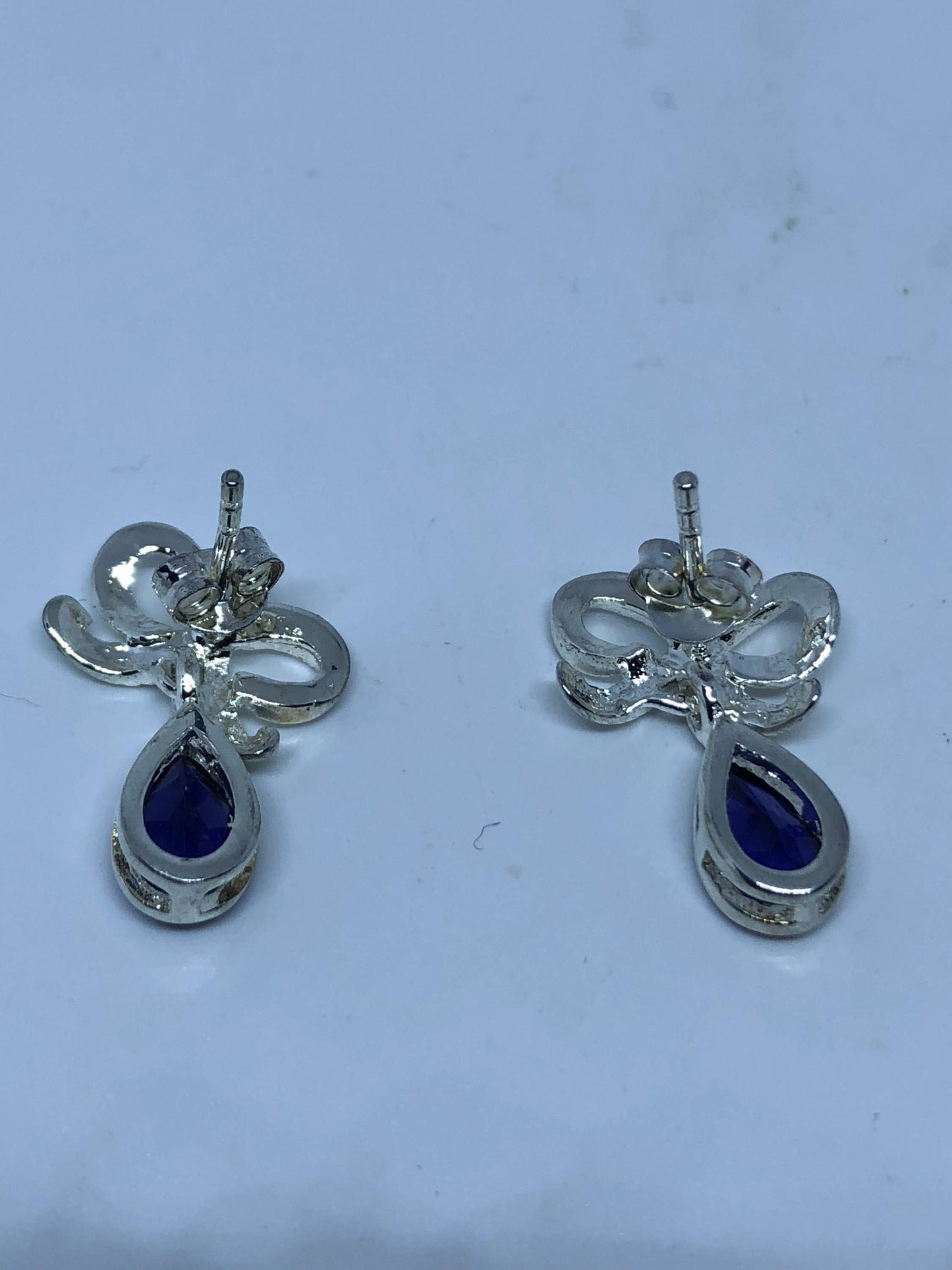 Vintage Handmade Sterling Silver Genuine Deep Blue Iolite bow Earrings