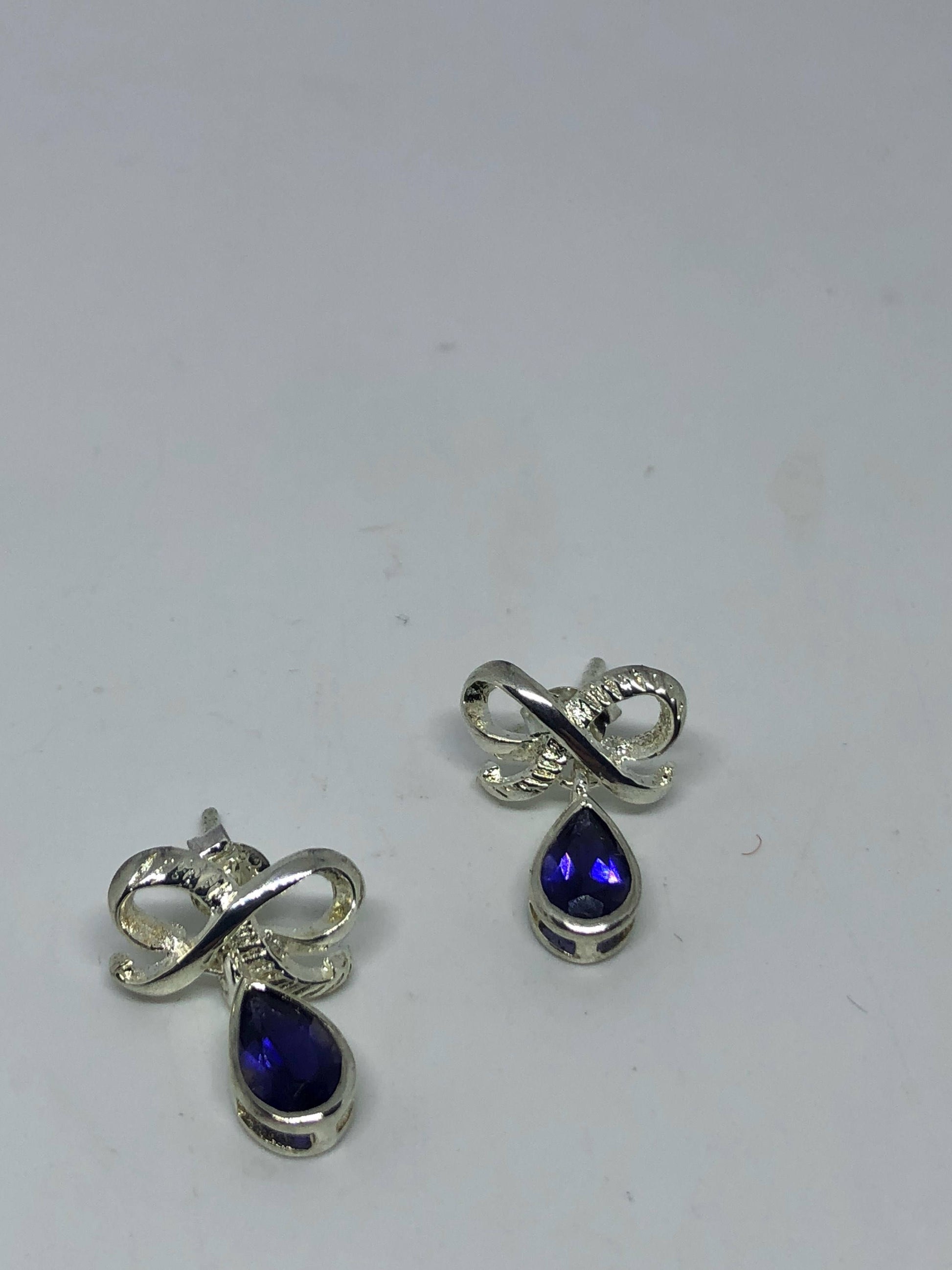 Vintage Handmade Sterling Silver Genuine Deep Blue Iolite bow Earrings