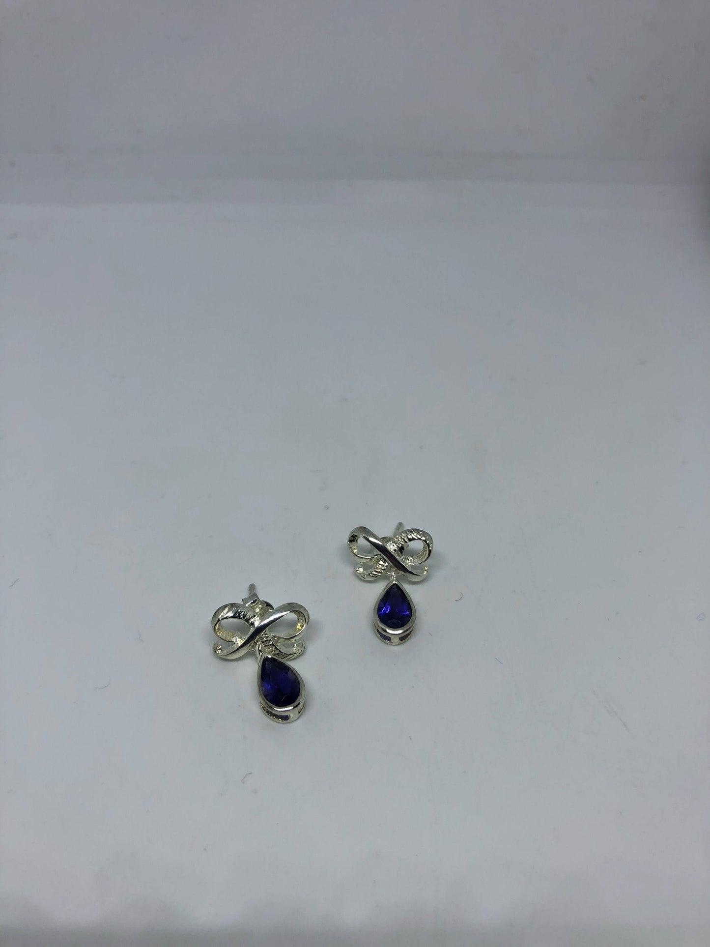 Vintage Handmade Sterling Silver Genuine Deep Blue Iolite bow Earrings