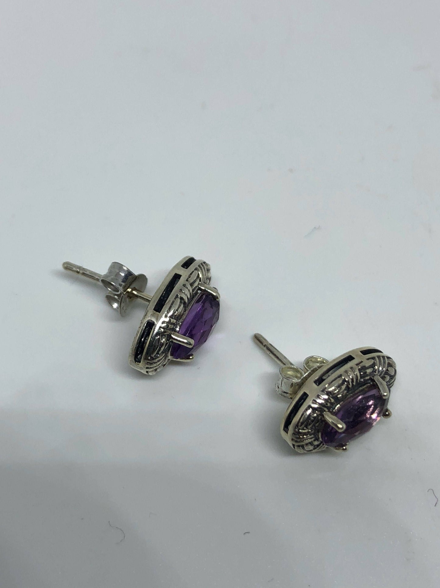 Vintage Amethyst Earrings 925 Sterling Silver Purple Stud Button