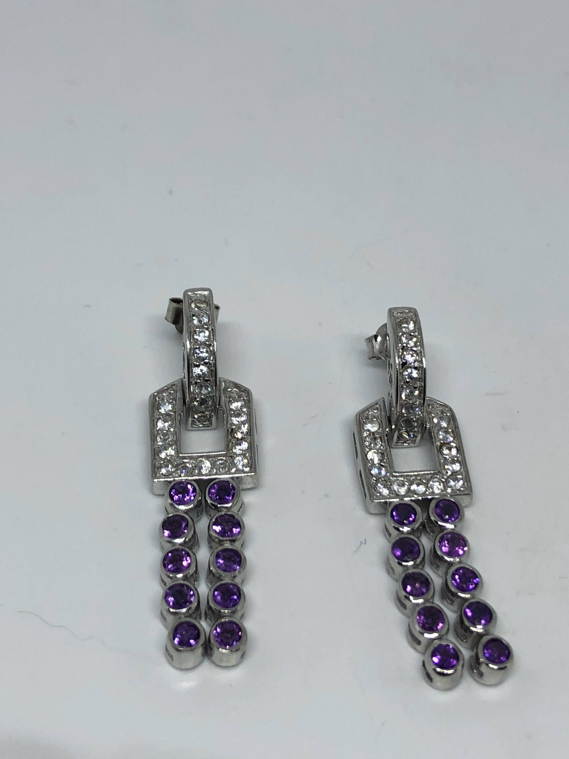 Vintage Handmade Sterling Silver Deep Purple Genuine Amethyst Earrings