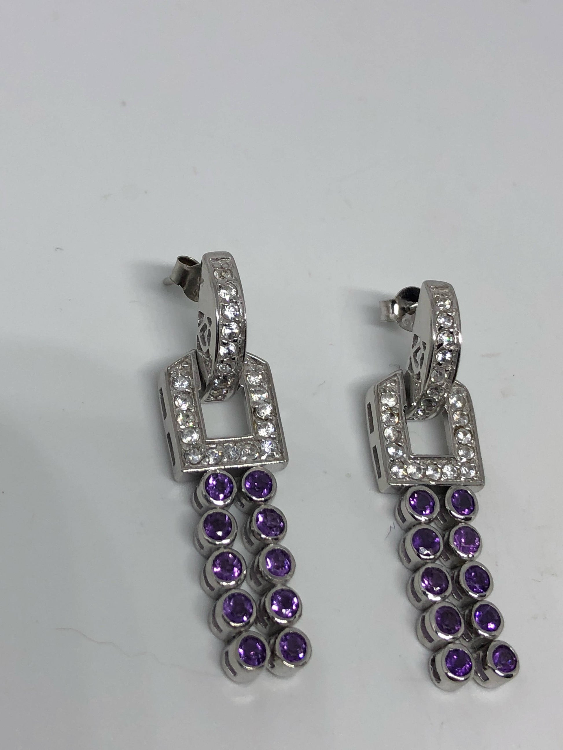 Vintage Handmade Sterling Silver Deep Purple Genuine Amethyst Earrings