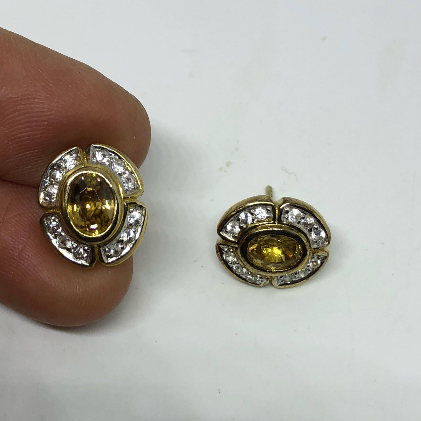 Vintage Citrine Earrings Golden 925 Sterling Silver Deco Studs Button