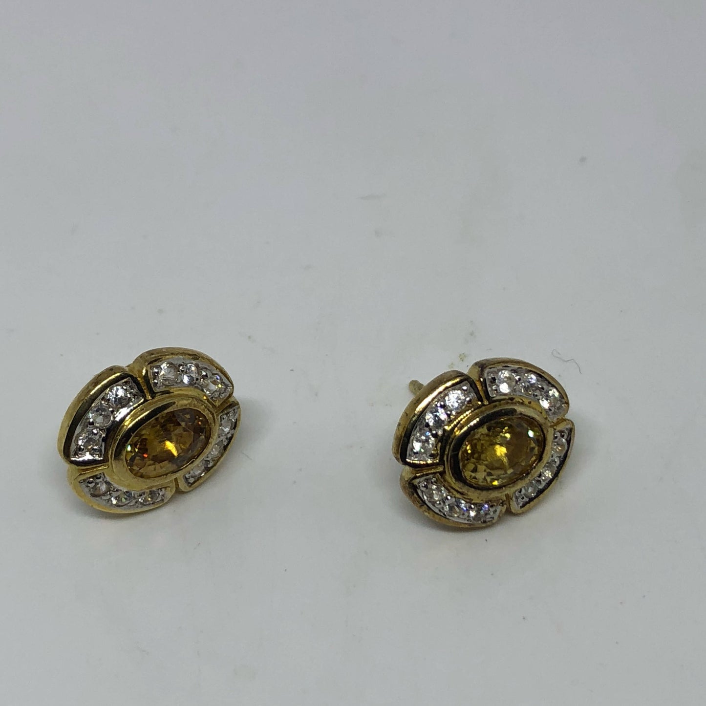Vintage Citrine Earrings Golden 925 Sterling Silver Deco Studs Button