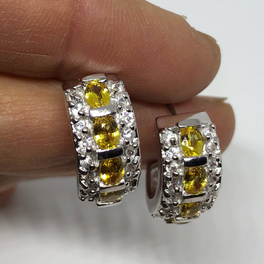 Vintage Citrine Earrings 925 Sterling Silver Deco Stud Button