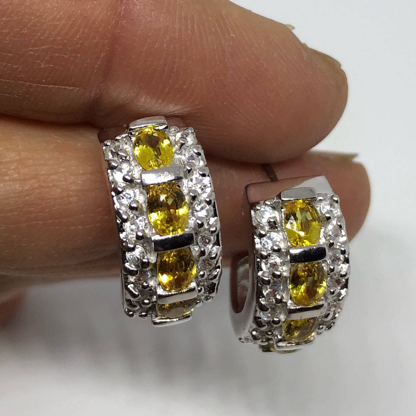 Vintage Citrine Earrings 925 Sterling Silver Deco Stud Button