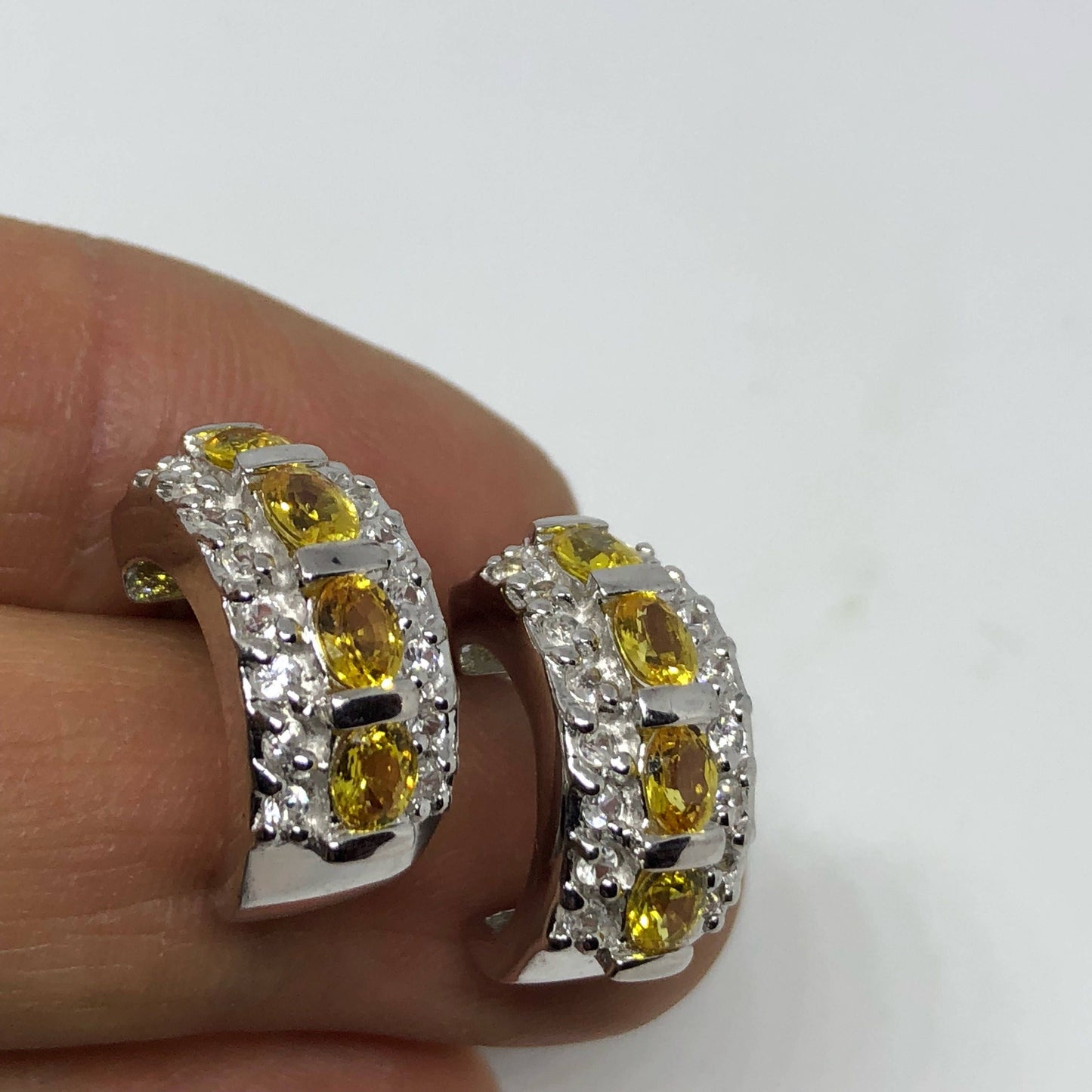 Vintage Citrine Earrings 925 Sterling Silver Deco Stud Button