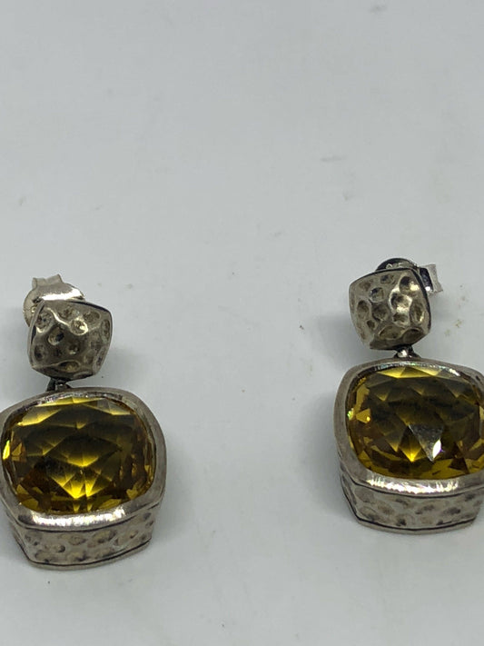 Vintage Genuine Citrine Gemstone 925 Sterling Silver Drop Earrings