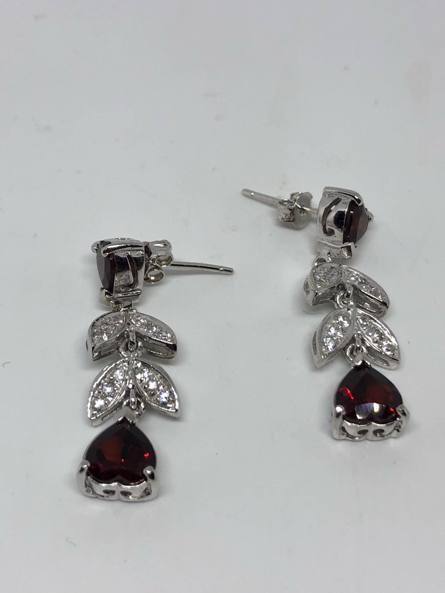 Vintage Bohemian Red Garnet Earrings 925 Sterling Silver Deco HEart Dangle