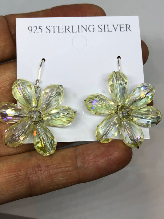 Vintage Genuine Crystal Sterling Silver Flower Dangle Earrings