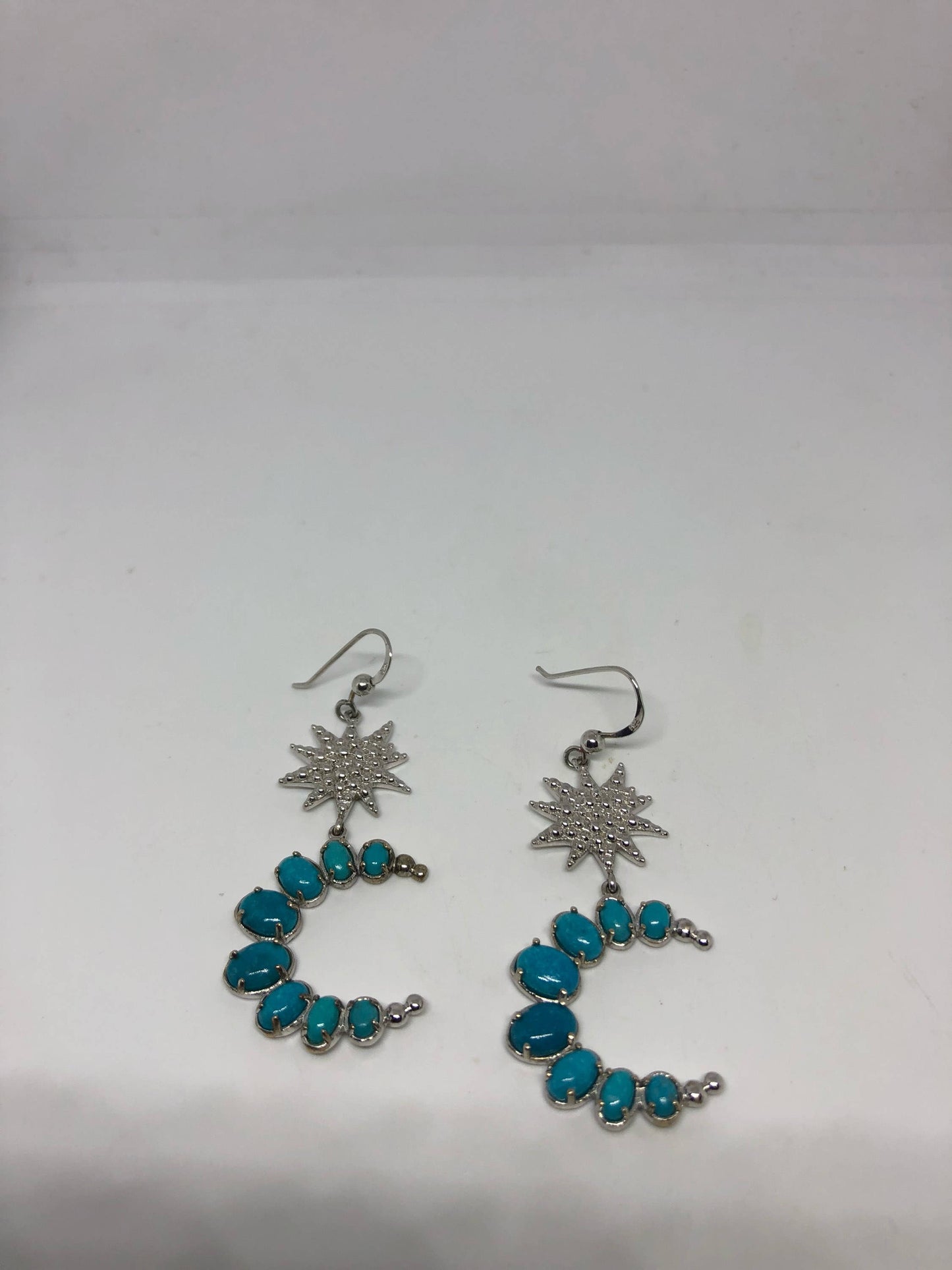 Vintage Handmade Sterling Silver Moon and Star genuine deep blue turquoise earrings