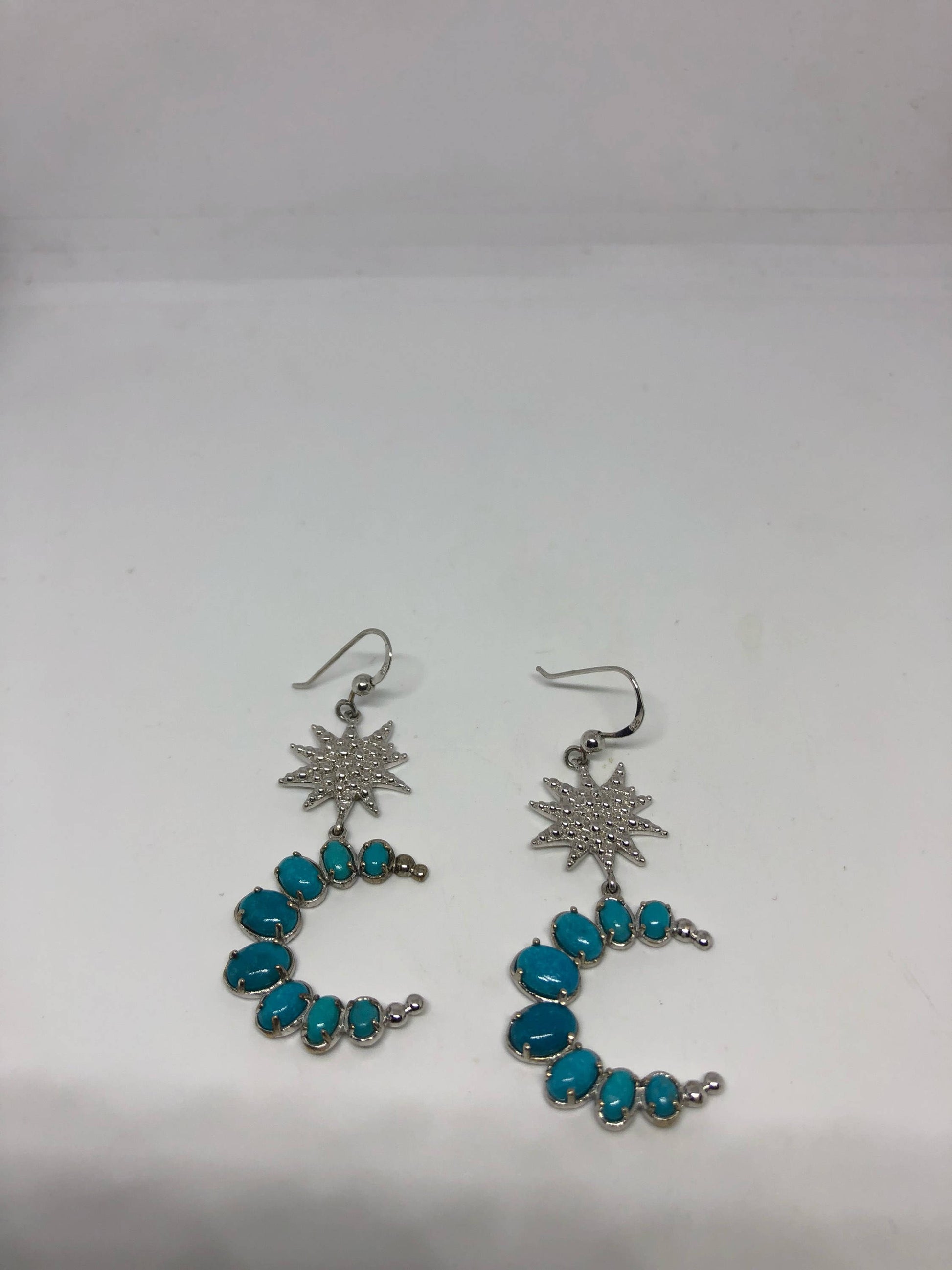 Vintage Handmade Sterling Silver Moon and Star genuine deep blue turquoise earrings