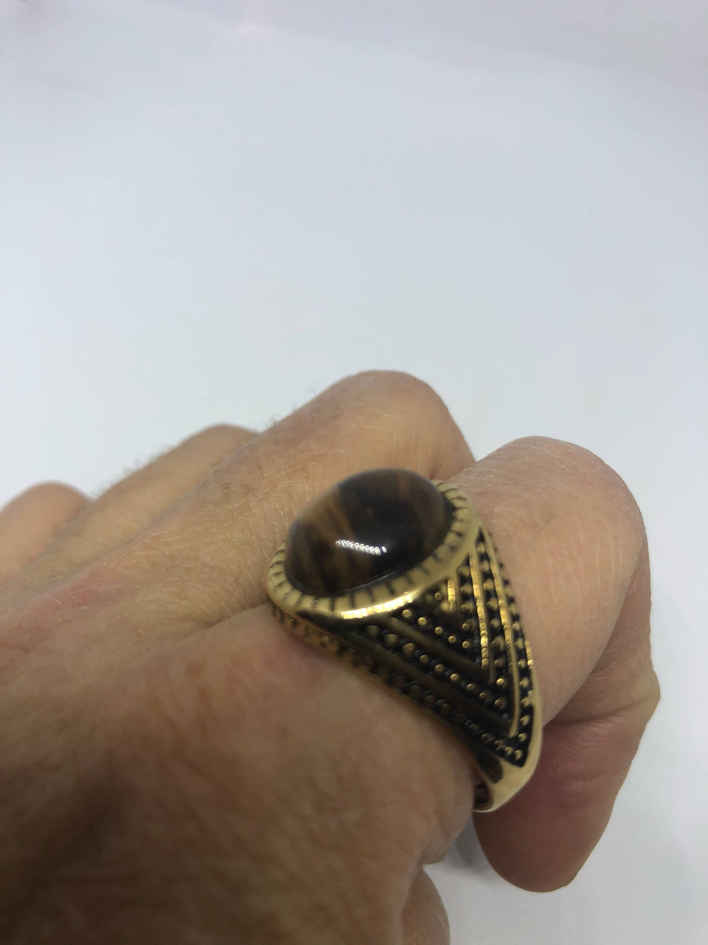 Vintage Gothic Gold Finished Stainless Steel Genuine Tigers Eye Ring