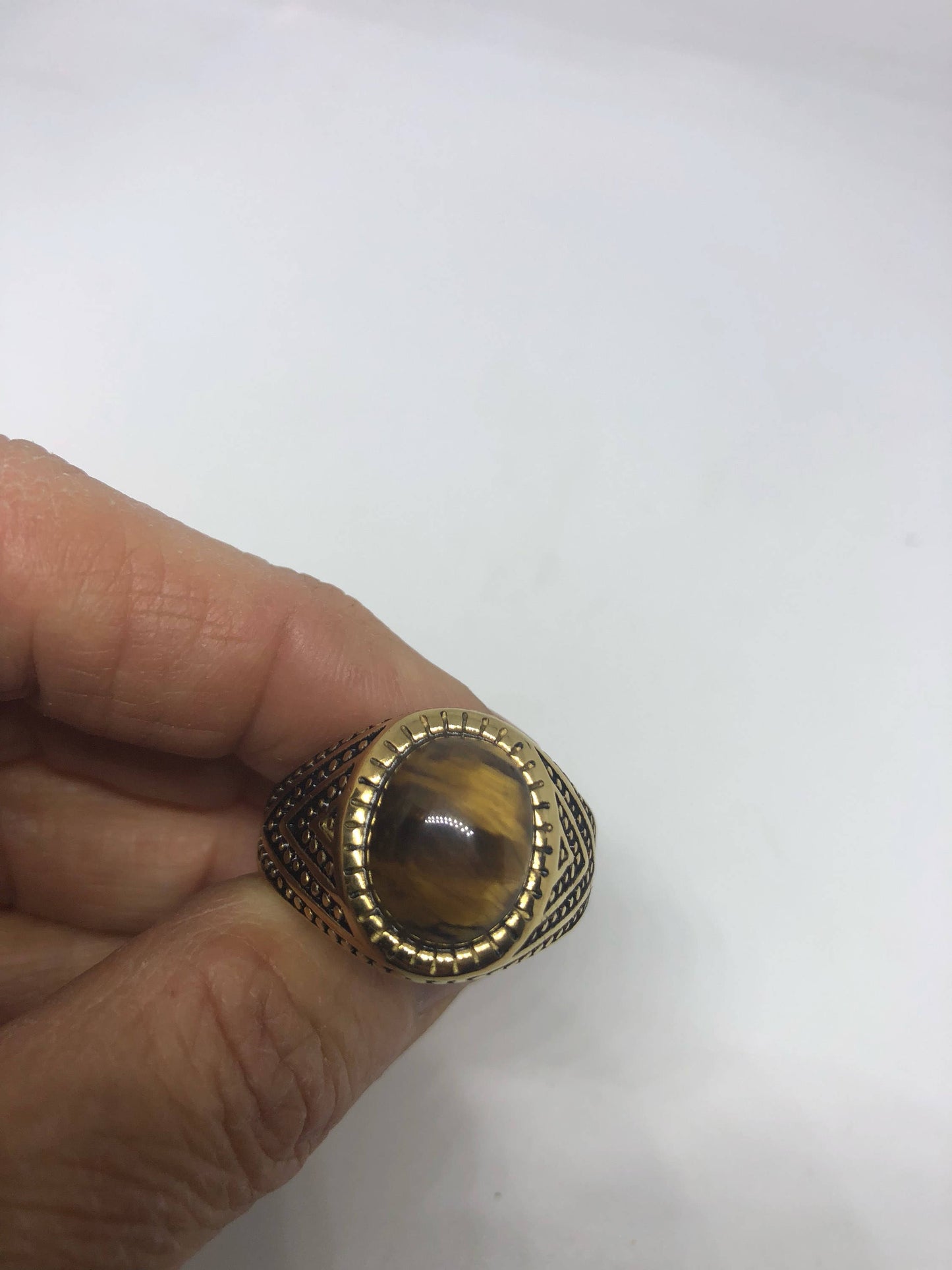 Vintage Gothic Gold Finished Stainless Steel Genuine Tigers Eye Ring