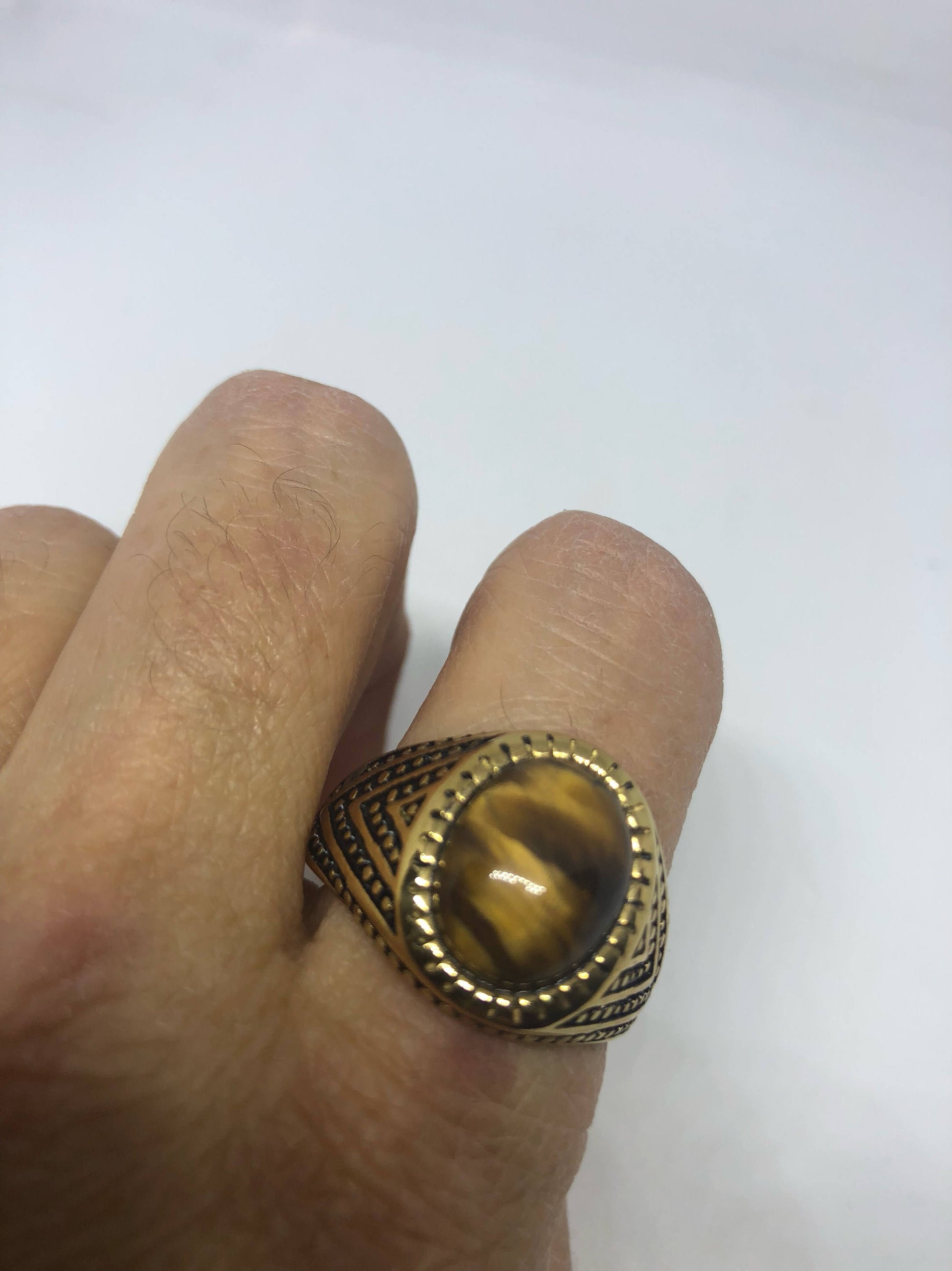 Vintage Gothic Gold Finished Stainless Steel Genuine Tigers Eye Ring